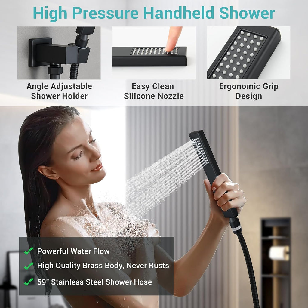 Luxury Dual-Zone Rain & Waterfall Shower Head for 2-Person, Matte Black Thermostatic Shower System with 32-Inch Flush Mount Shower, Full body Shower Faucet Set with Handheld Sprayer & 6 Jets