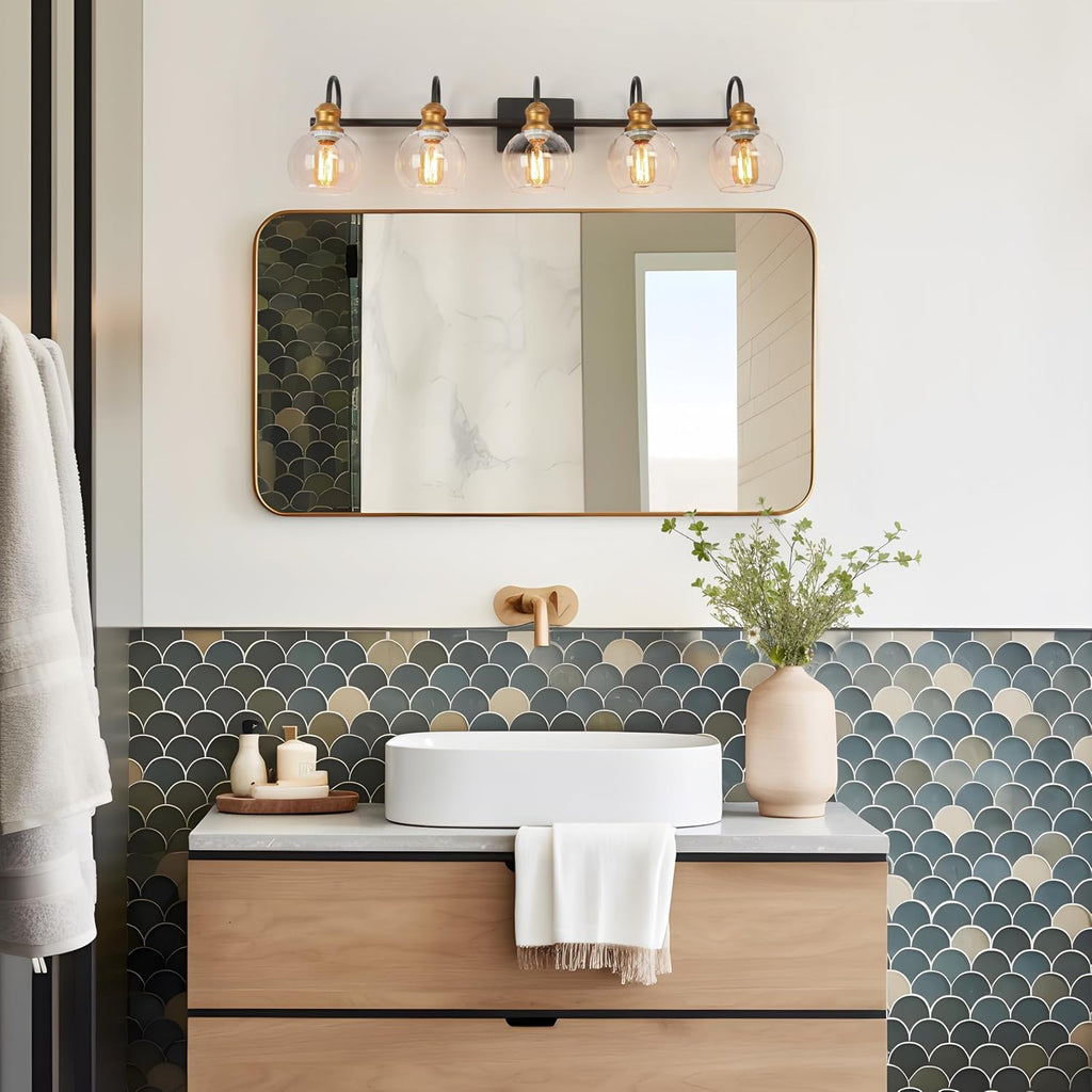 LALUZ Bathroom Light Fixtures, 5-Light Large Black and Gold Vanity Lights for Bathroom with Clear Globe Glass Shade, Modern Farmhouse Bathroom Vanity Lighting Over Mirror, 35.5' L x 7' W x 9' H