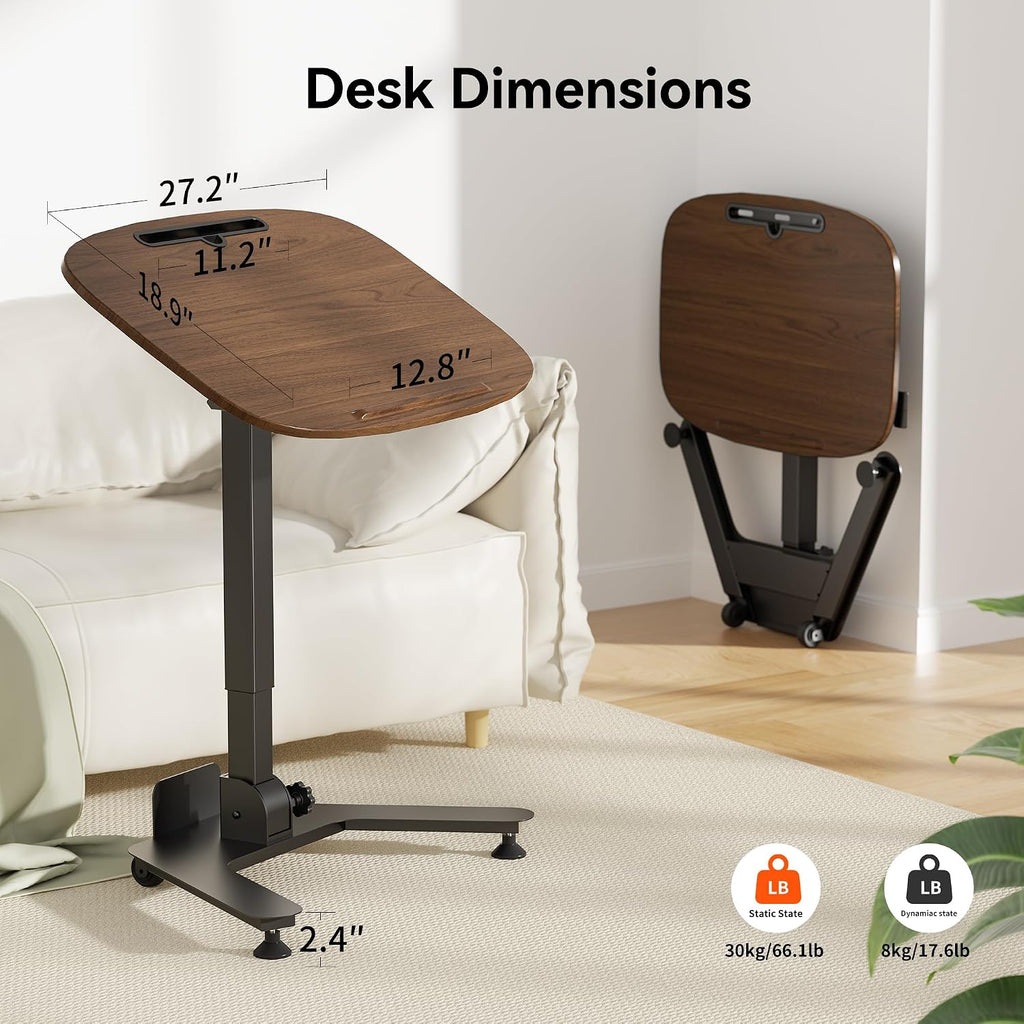 WALKINGDESK Folding Pneumatic Height Adjustable Mobile Standing Desk with 90° Tiltable Tabletop, 27.2x18.9 Inch Portable Laptop Desk with Wheels, Holds Up to 66.1lbs for Home Office, Black Walnut