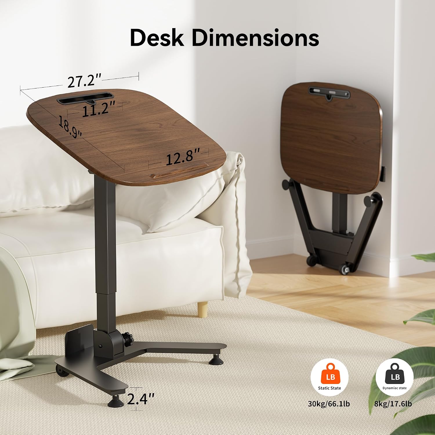 WALKINGDESK Folding Pneumatic Height Adjustable Mobile Standing Desk with 90° Tiltable Tabletop, 27.2x18.9 Inch Portable Laptop Desk with Wheels, Holds Up to 66.1lbs for Home Office, Black Walnut