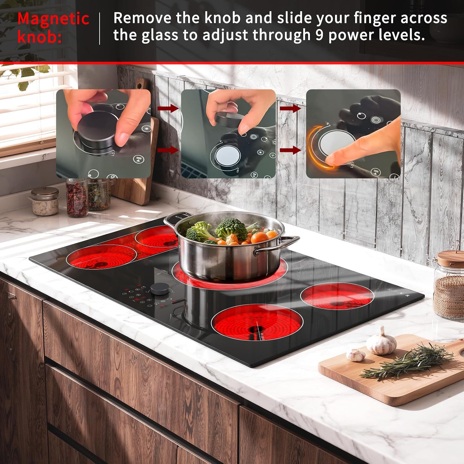 Karinear 36 Inch Electric Cooktop with Magnetic Knob, Bridge BBQ, 5 Burner Radiant Stove Top, 9600W 240V Built-in Hob, 9 Heat Levels, 99-Min Timer, Child Lock, Pause