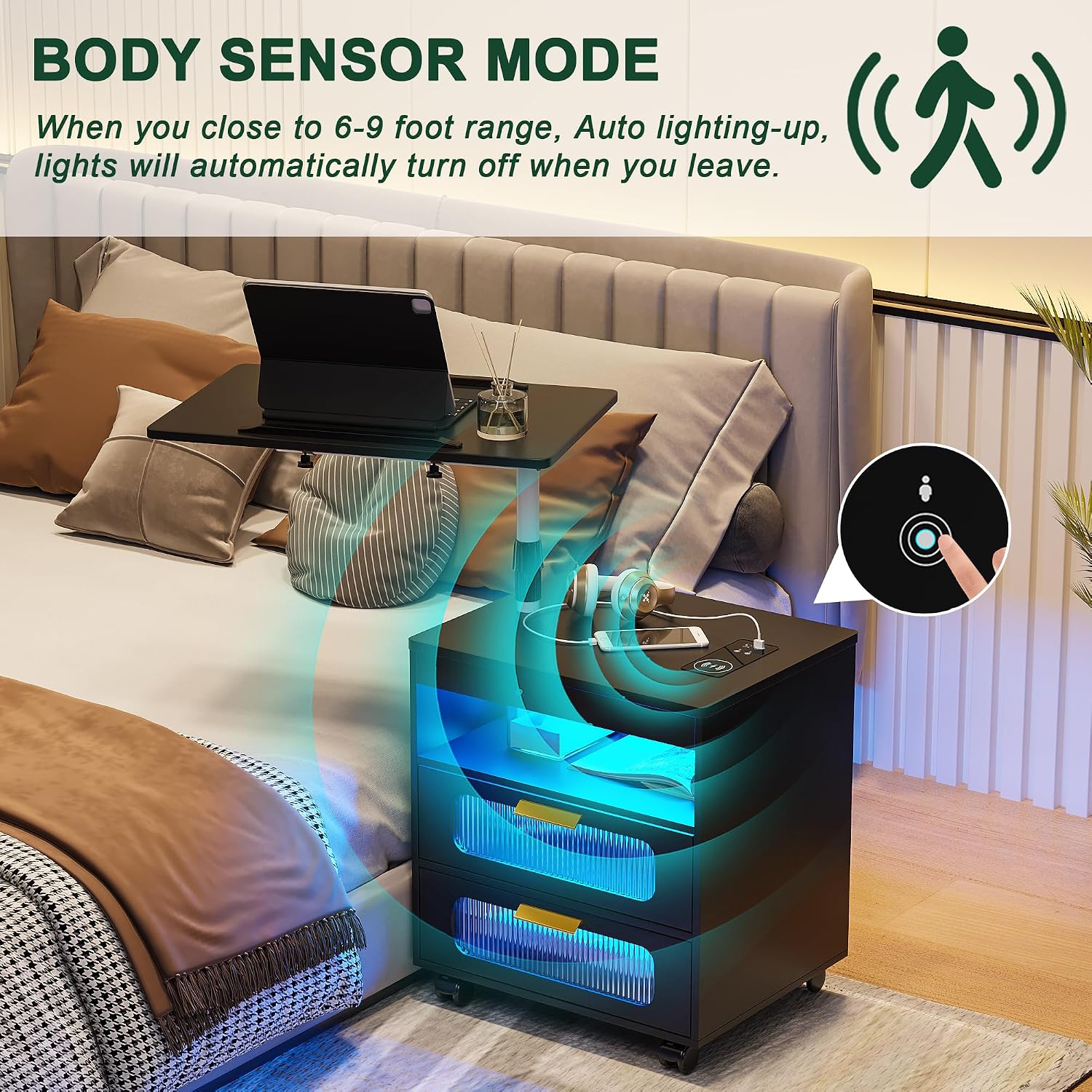 HNEBC LED Nightstand Set of 2 with Charging Station & Adjustable Overbed Desk, 3 Color LED Lights & Body Sensor, Mobile Bedside Table with Wheels, 2 Drawers & Open Shelf for Bedroom (Black)