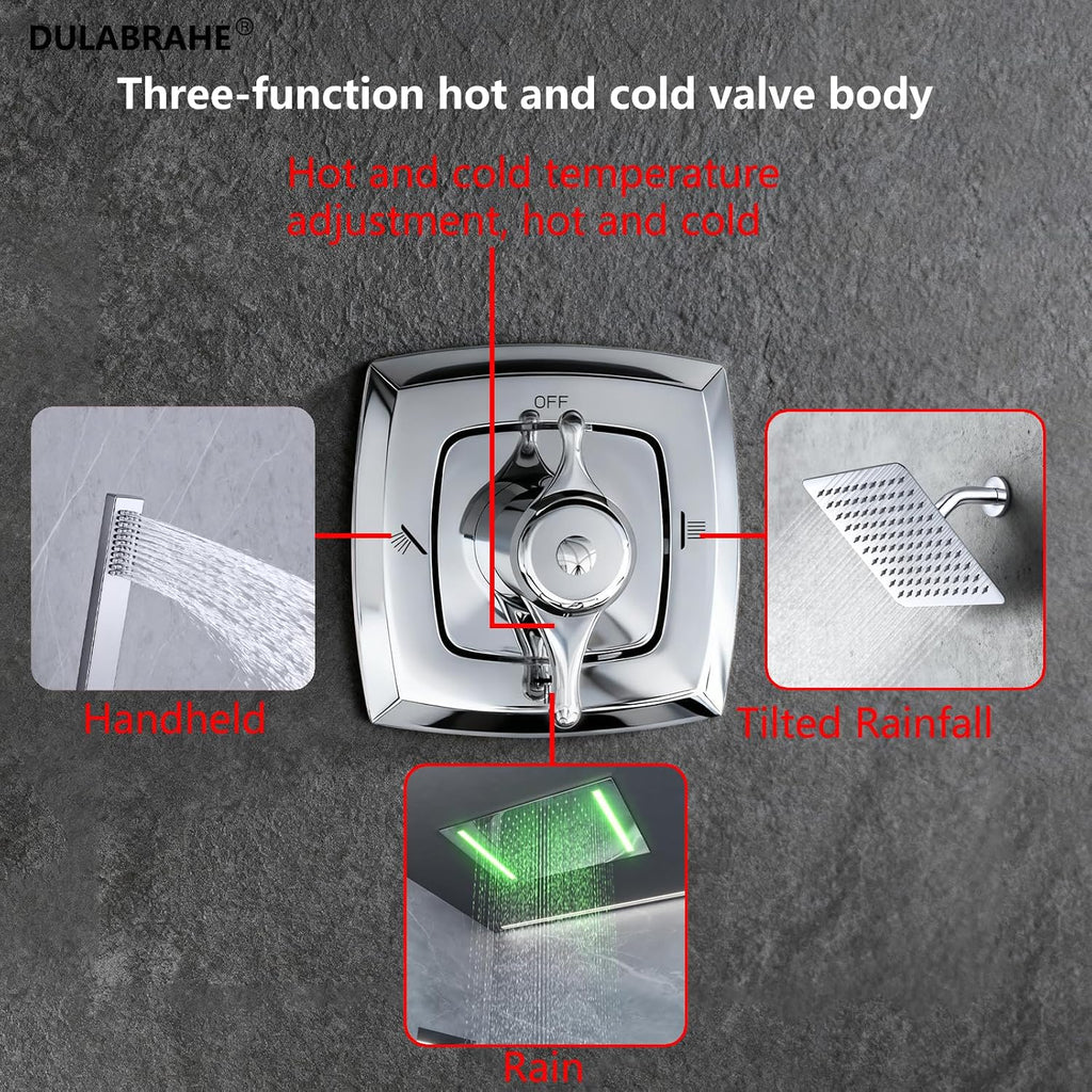 14 X 20 Inch Ceiling LED Rain Shower Head, Dual Rainfall Smart Shower System Set With 8 Inch Wall Head For Two People (Chrome Polished)