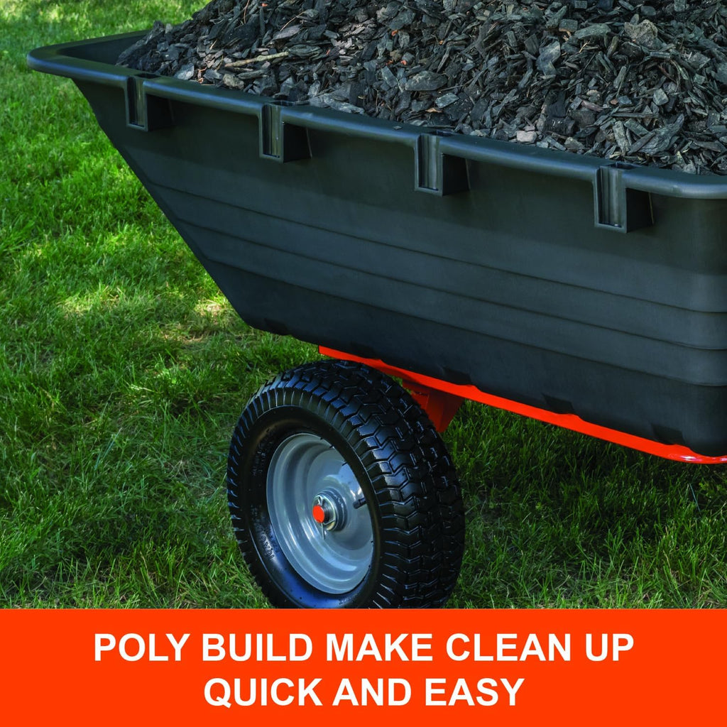 Agri-Fab 45-0553, 1,000-Pound Capacity Poly Swiveling Tow Behind Dump Cart, 18 Cubic Feet Capacity, 80 Degree swiveling, 52 Degree Dumping, 16-Inch x 6.5-Inch Pneumatic Turf Tread Tires