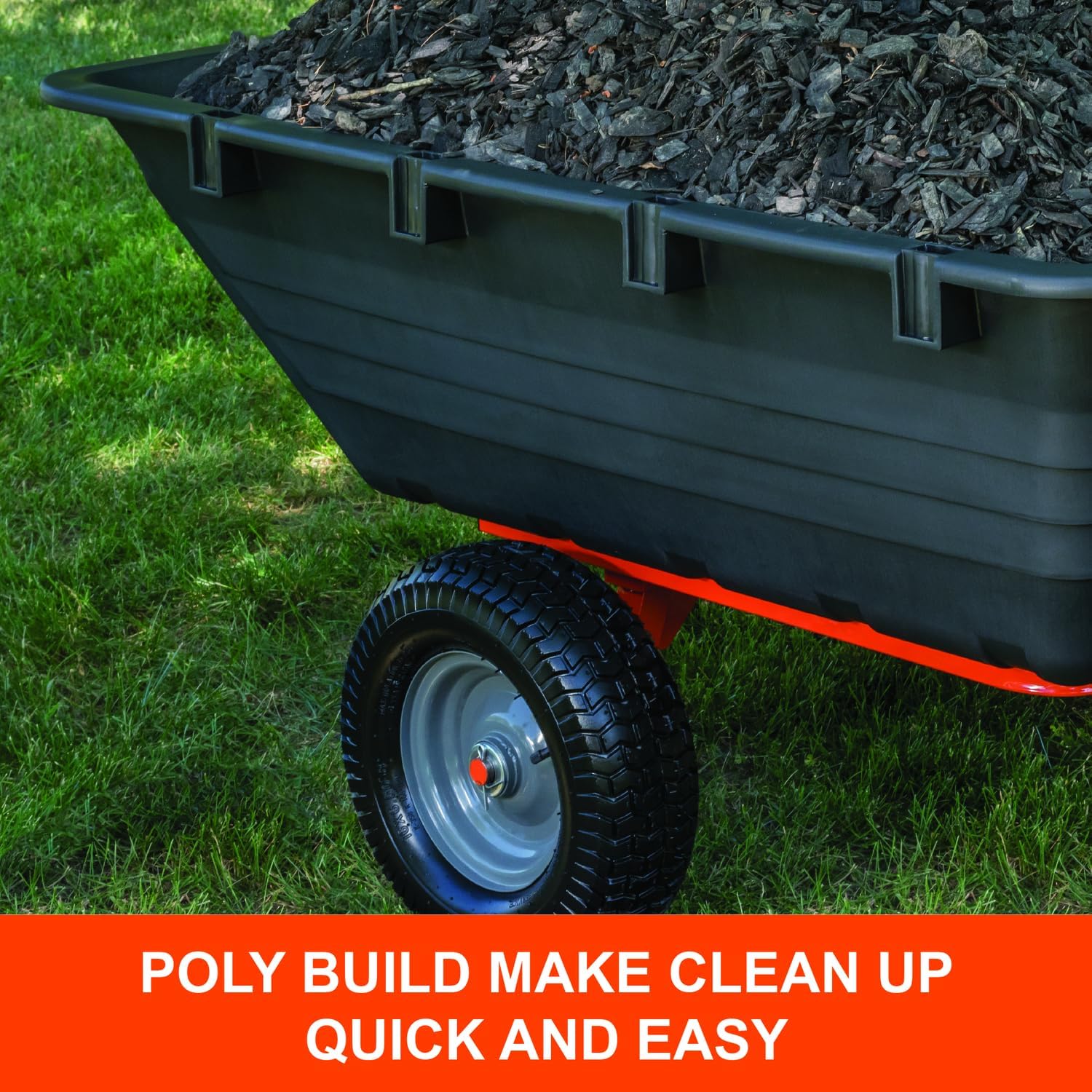 Agri-Fab 45-0553, 1,000-Pound Capacity Poly Swiveling Tow Behind Dump Cart, 18 Cubic Feet Capacity, 80 Degree swiveling, 52 Degree Dumping, 16-Inch x 6.5-Inch Pneumatic Turf Tread Tires