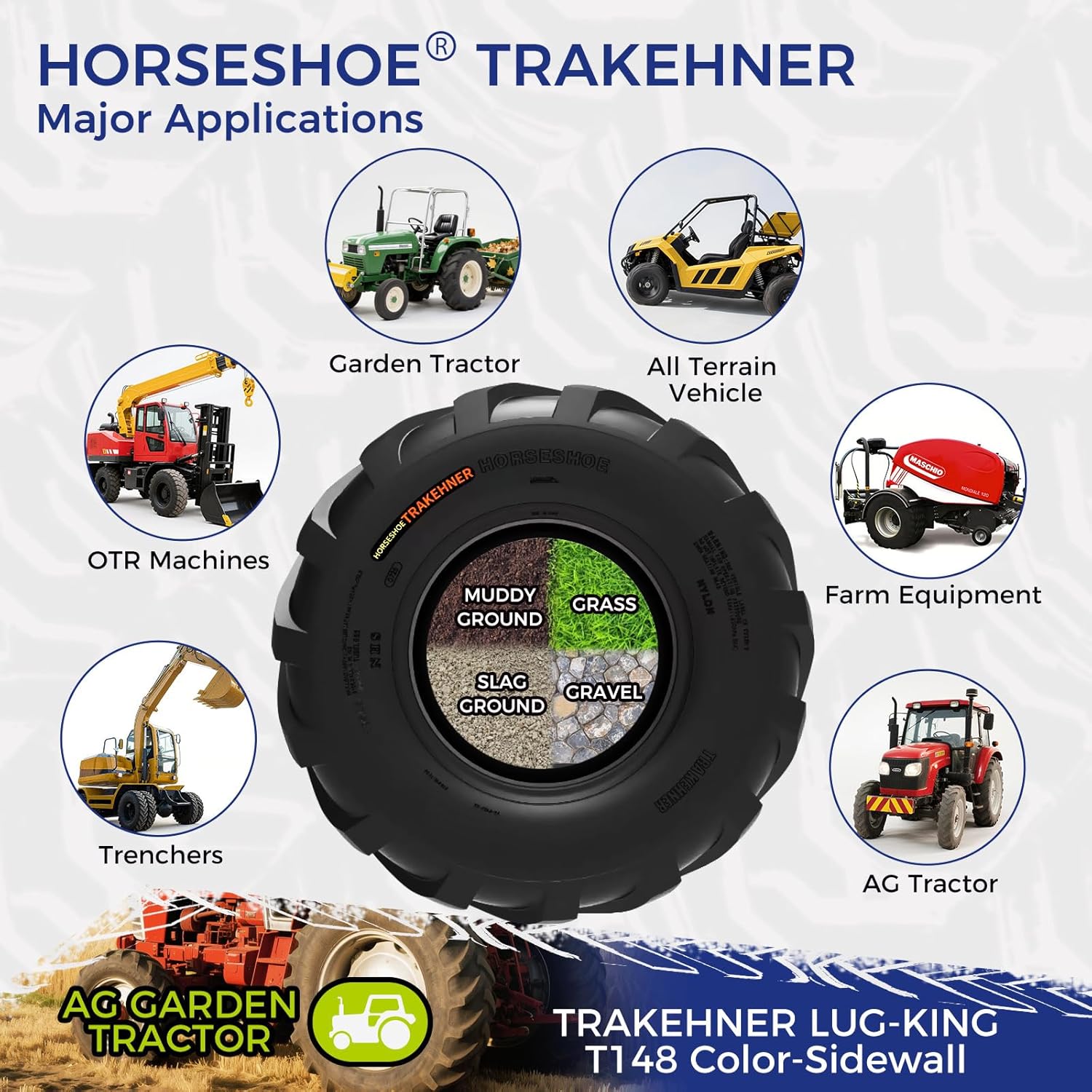 HORSESHOE TRAKEHNER 2 New 18x8.50-8 / 18x8.5-8 6PR Super Lug-King Ditch-Witch Trencher Tiller AG/Farm/Lawn/Garden Tractor & Riding Lawn Mower Tires LRC Heavy Duty Color-Sidewall (18x8.50-8 6Ply)