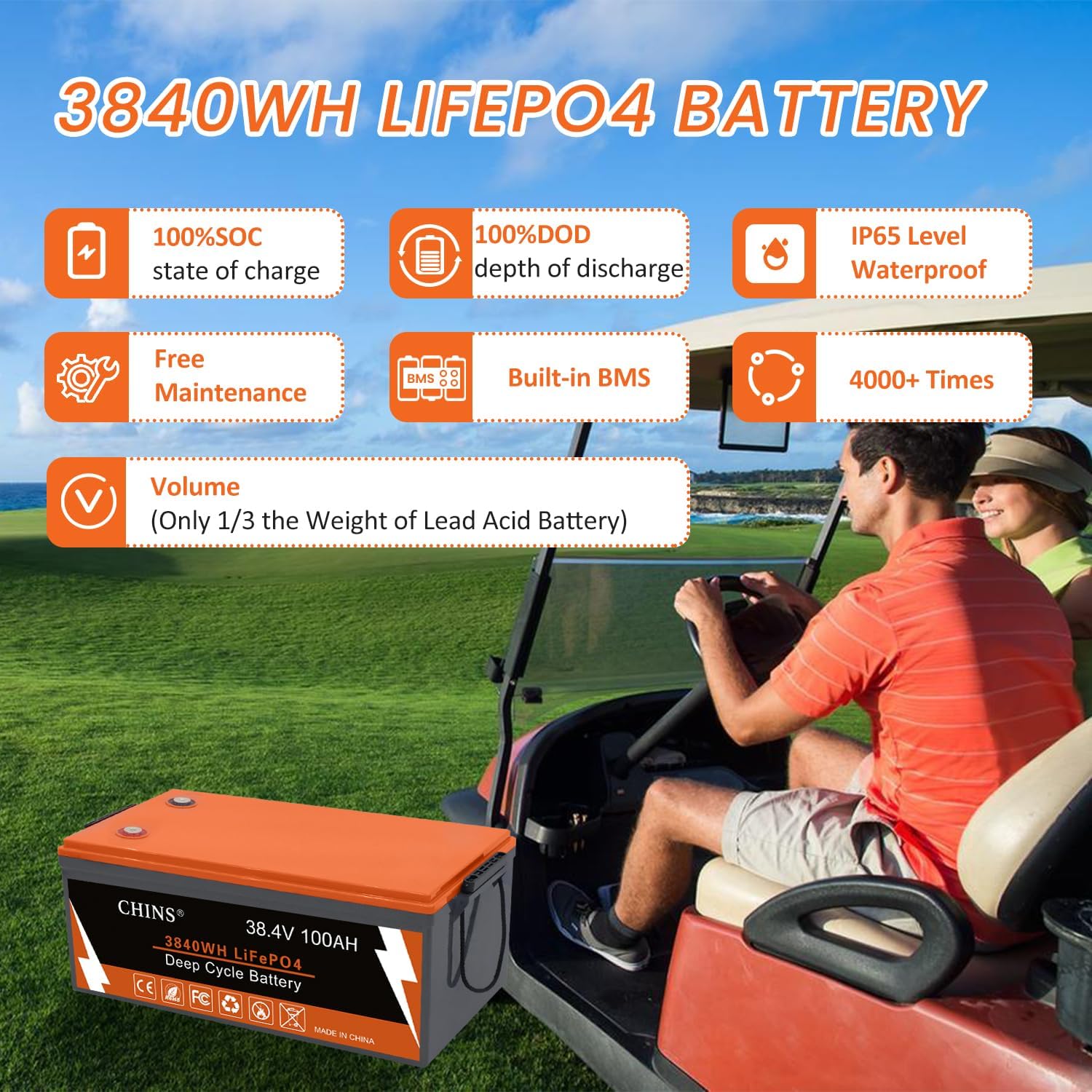 CHINS 36V 100Ah Lithium Golf Cart Battery, Includes 36V 25A Charger, Monitor, Built-in Smart 200A BMS, 36V Lithium Battery Perfect for Golf Cart