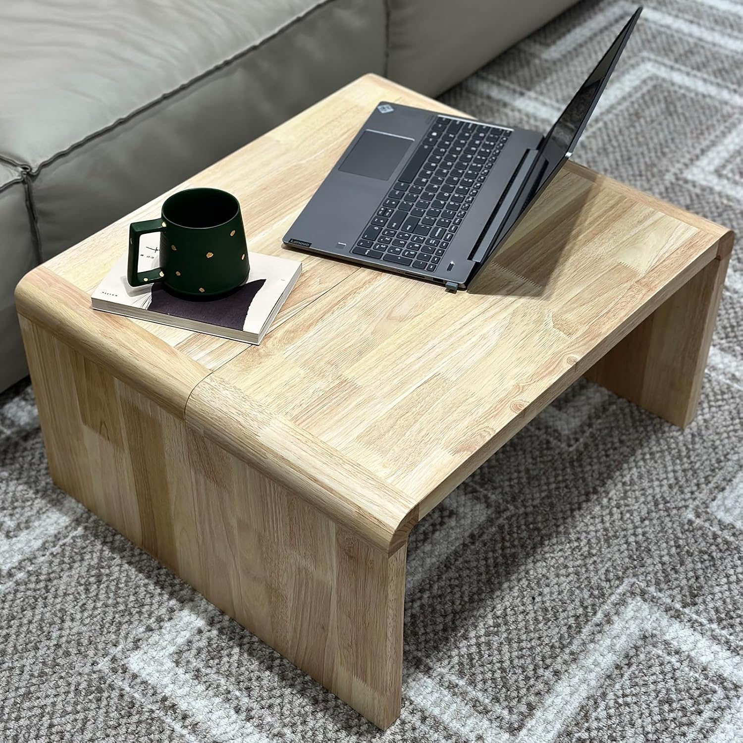 C Shaped End Table, Solid Wood Sofa Side Table for Couch, Bed, and Living Room, Space-Saving Small Snack Table for Bedroom, Office, or Balcony, Wooden Nightstand for Laptop and Narrow Spaces