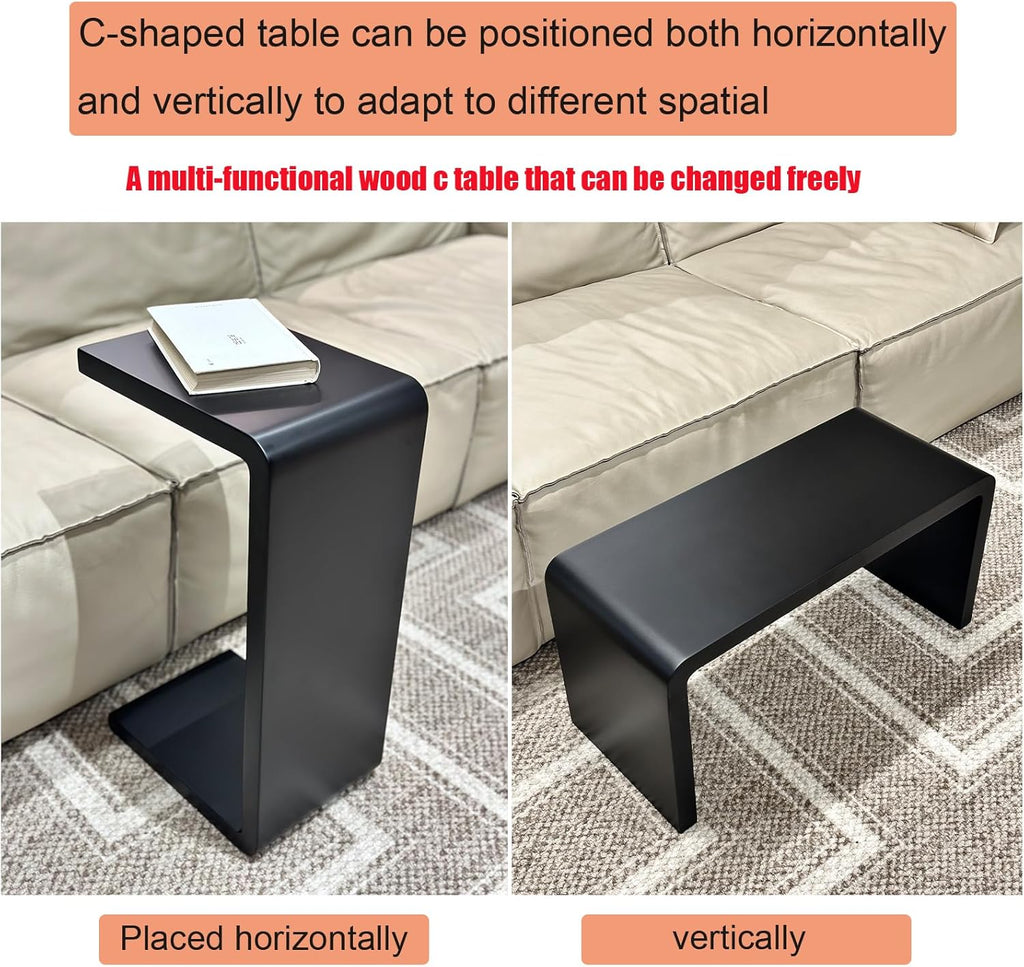 C Shaped End Table, Solid Wood Sofa Side Table for Couch, Bed, and Living Room, Space-Saving Small Snack Table for Bedroom, Office, or Balcony, Wooden Nightstand for Laptop and Narrow Spaces