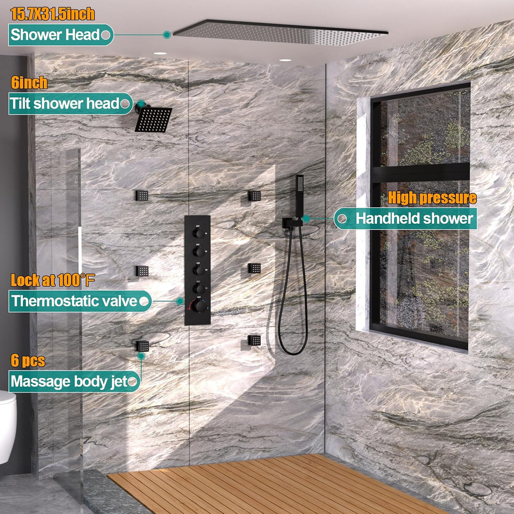 HOMEDEC 15.7x31.5' Ceiling Mounted Rainfall and 6' Wall Mounted Shower Heads with 6 Body Jets, Dual Shower Head System Rain Shower Faucet Set, Black