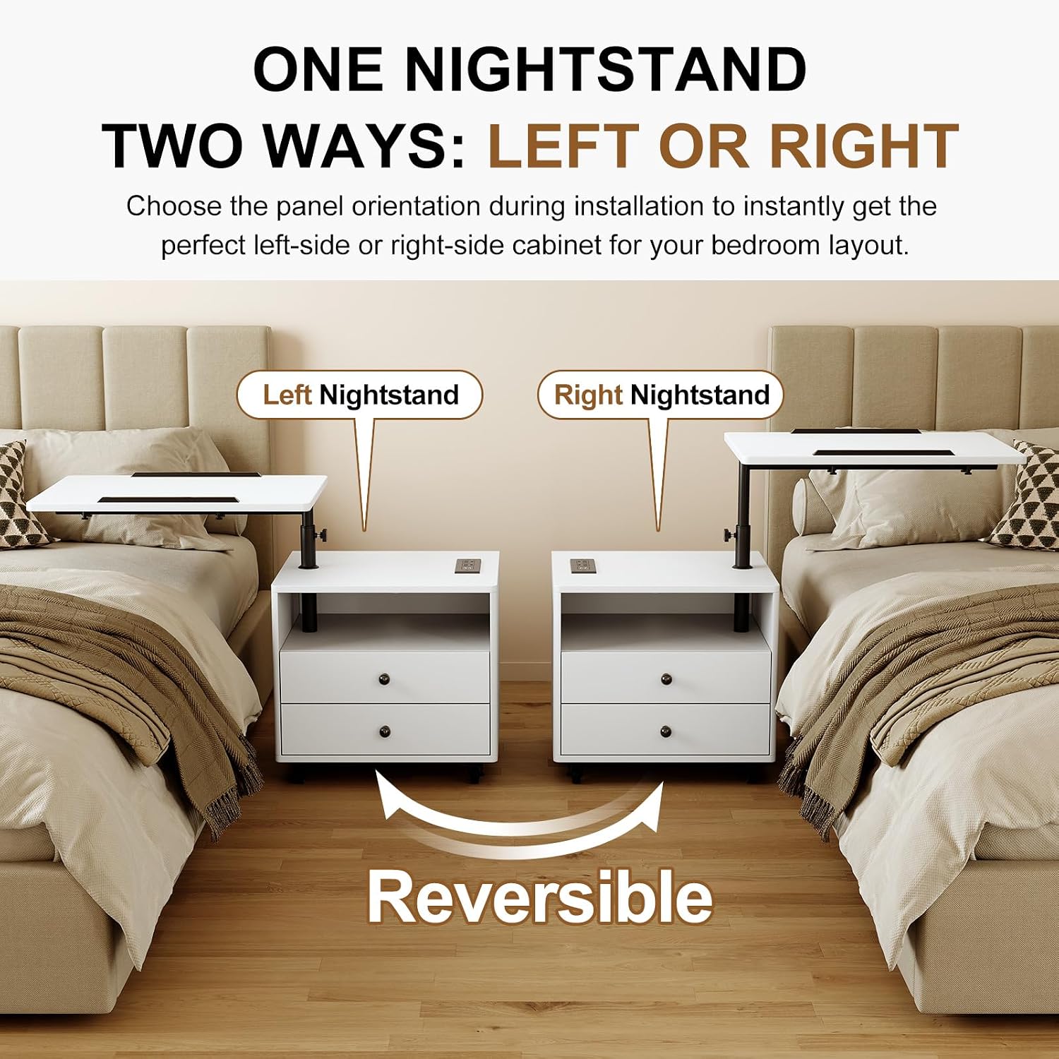 Bedroom Nightstand with Drawers & Charging Station, Adjustable Height Bedside Table with Wheels, Wooden Small Sofa Side Tables with Storage for Living Room, White