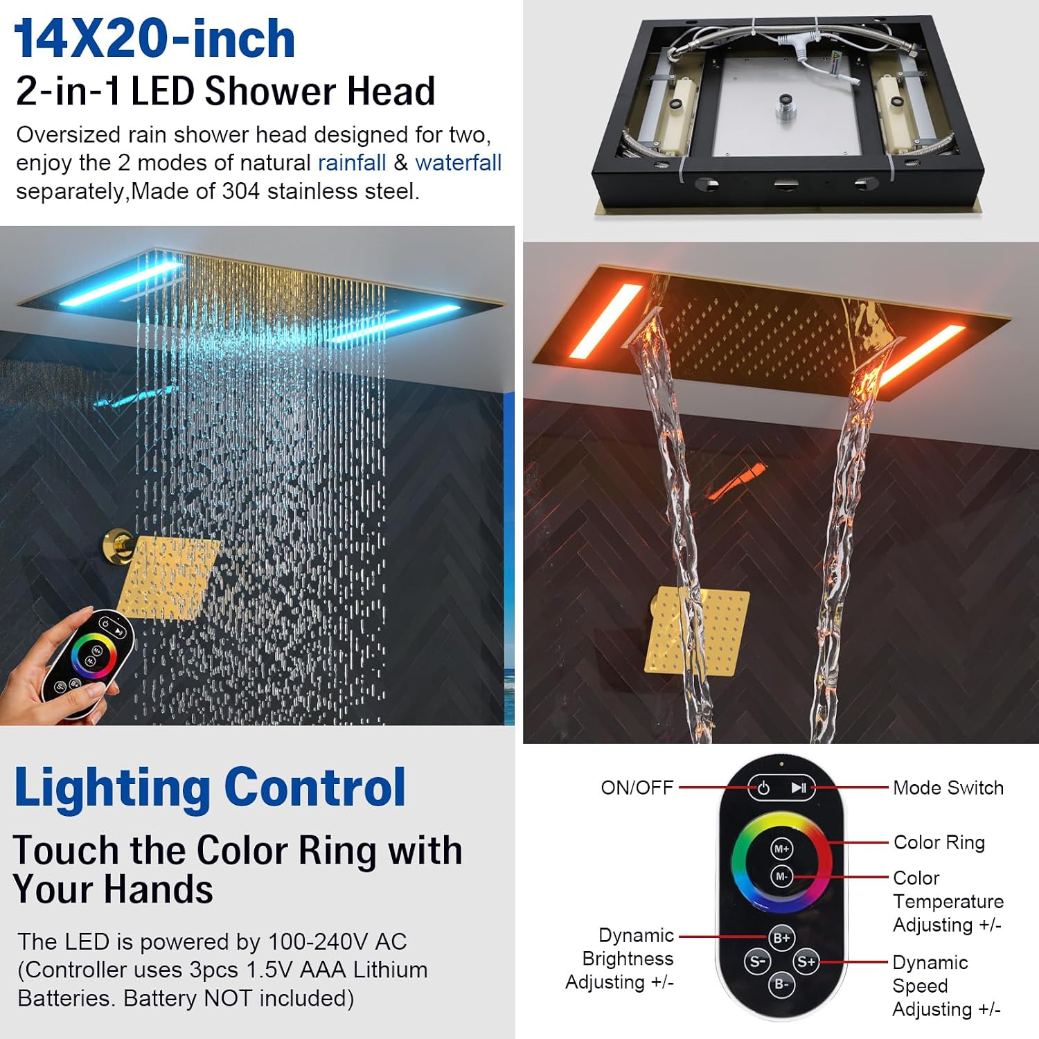 ENGA Bright Gold Dual Rain Shower Head System, 2 In 1 Functions Ceiling Mount 14x20inch LED Shower Head with 6 Inch Shower Head, Rainfall Waterfall Shower Faucet Set