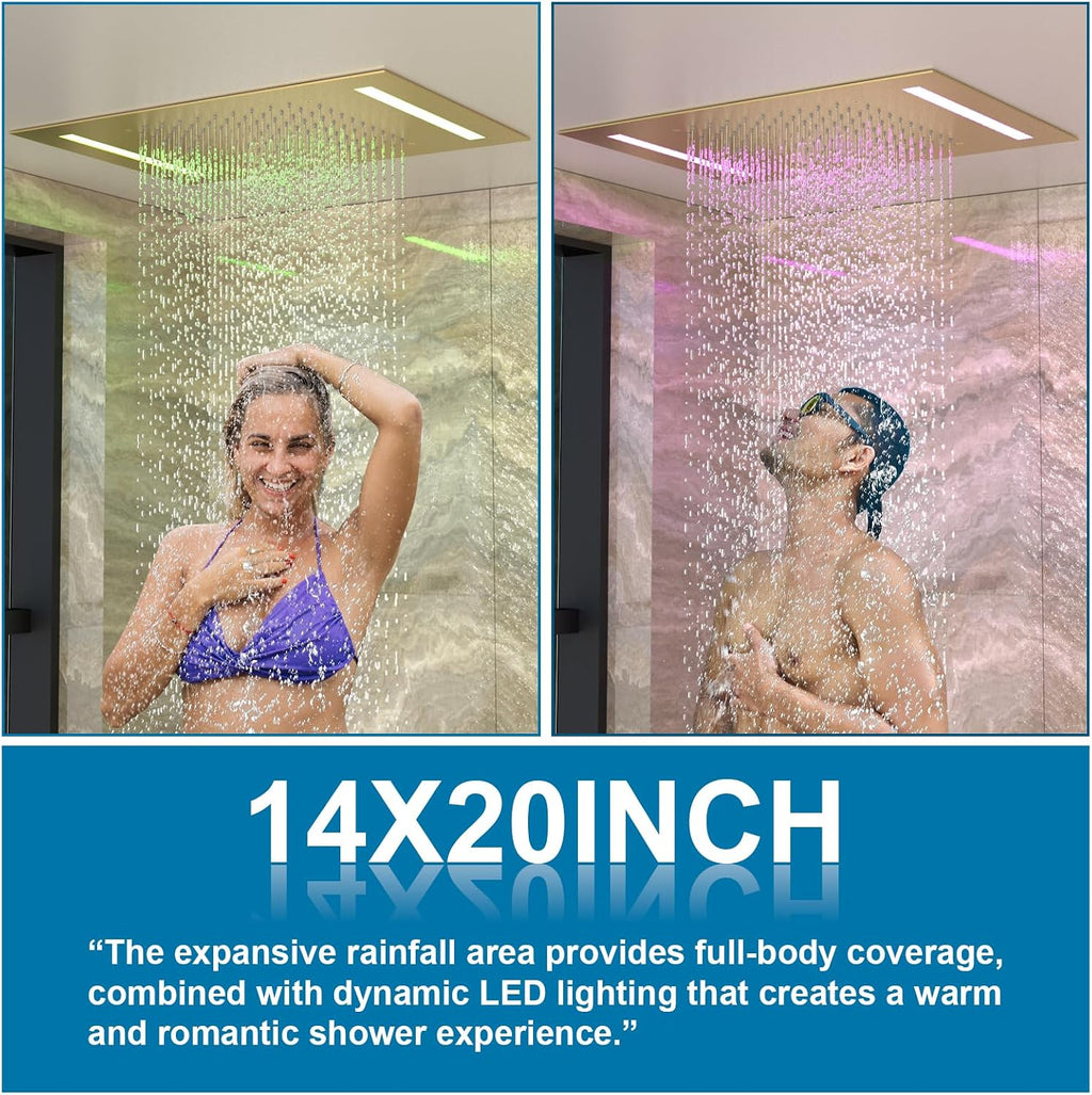 ENGA Dual Rain LED Shower System, 14'x20' Large Shower Head + 6' Wall Shower, 4 Body Jets with Individual On/Off & Adjustable Water Pressure, Rainfall Shower Faucet Set, Brushed Gold