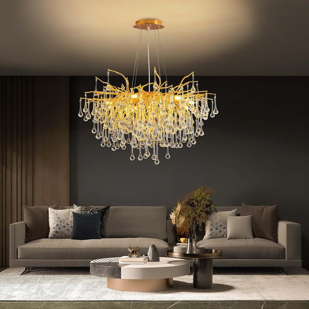 Modern Crystal Raindrop Chandelier, Gold Round Art Deco Tree Branch Lighting Fixture for Dining Room Living Room Foyer 13 Lights D31.5''