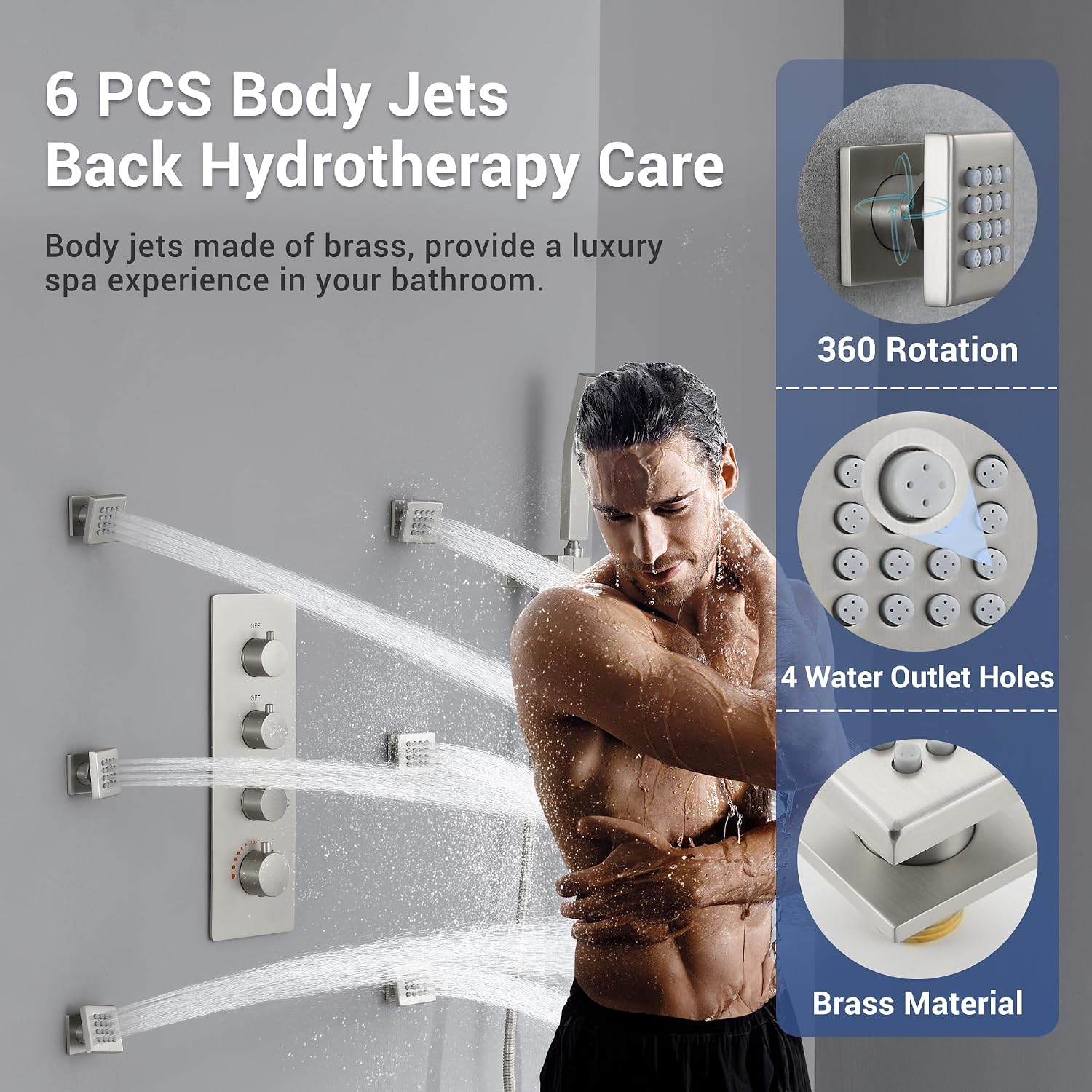 Thermostatic Shower System with 6 Body Jets & 16-Inch Ceiling Rainfall Shower Head Luxury Full Body Brushed Nickel Shower Faucet with Handheld Sprayer, Shower Fixtures Set with Valve and Trim