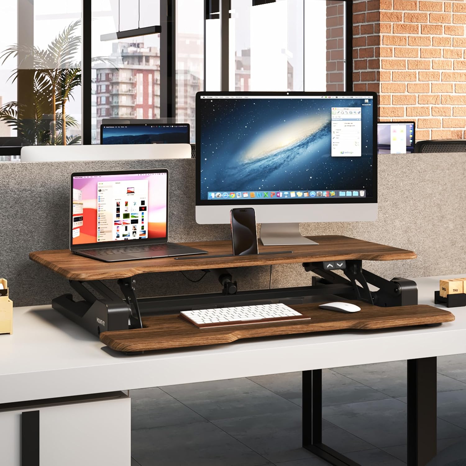 Mount-It! Electric Standing Desk Converter with 38' Tabletop, Height Adjustable Desk Riser, Motorized Desk Riser with Keyboard Tray and Device Slot, Fits Monitor & Laptop, Dark Walnut