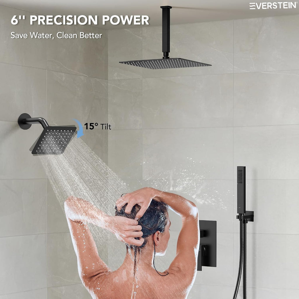 10' High-Pressure Rainfall Shower Faucet, Celling Mount Dual Shower Head System, Matte Black