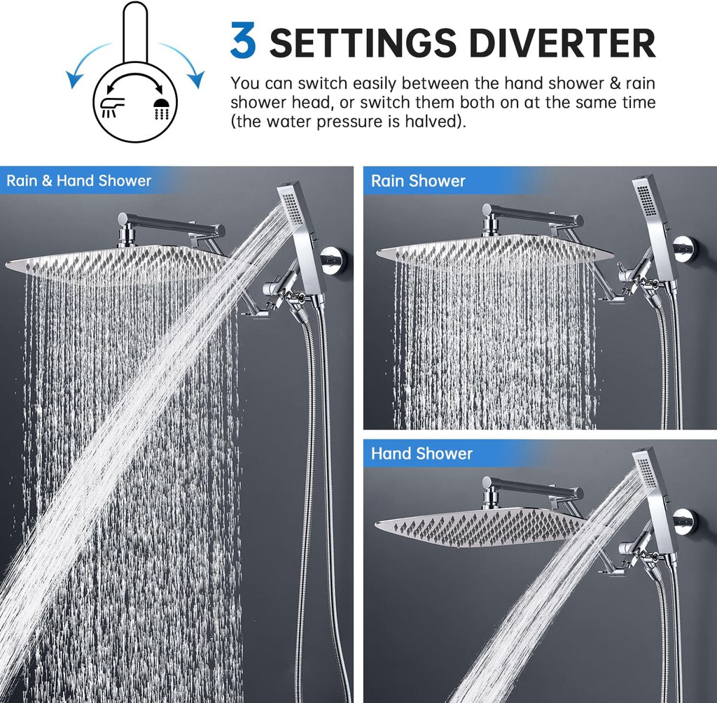 G-Promise All Metal 16 Inches Rainfall Shower Head with Handheld Spray Combo, 3 Settings Diverter, Adjustable Extension Arm with Lock Joints, 71 Inches Stainless Steel Hose (Chrome)