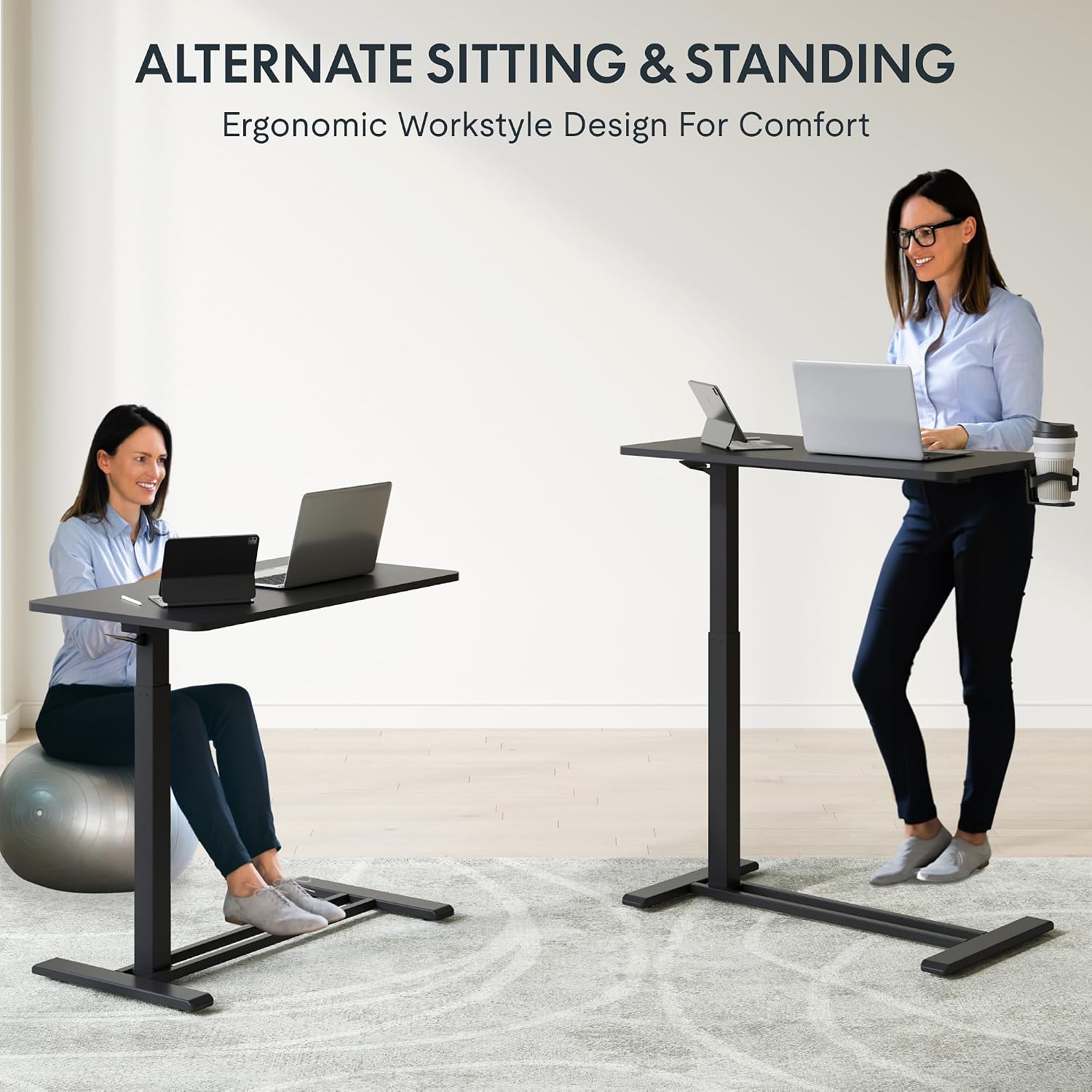 FLEXISPOT H7 Adjustable Overbed Bedside Table with Wheels Pneumatic Mobile Standing Desk Laptop Desk Rolling Computer Cart Movable Overbed Table Hospital Home Use(31.5' W x 17.7' D, Black Large)