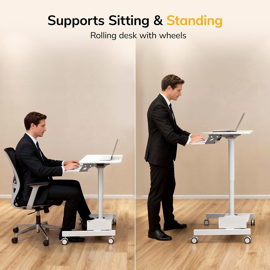 Mount-It! Mobile Computer Cart, Height-Adjustable Rolling Workstation with 28' Desktop, Keyboard Tray, Storage Shelves & Locking Wheels, Mobile Computer Stand for Office, Classroom, or Home