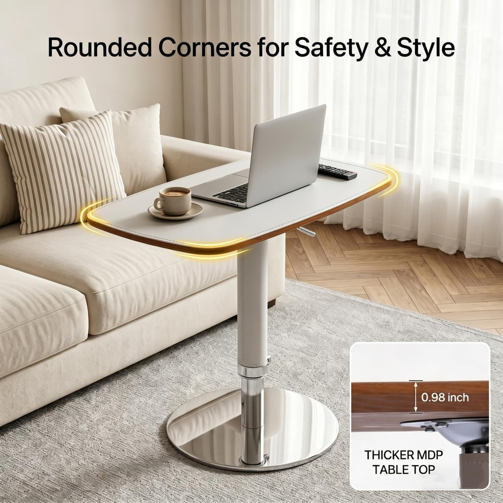 TV Trays for Eating on Couch, Adjustable Height 360° Swivel TV Tray with Saddle Faux Leather Top, Heavy Duty Snack Table for Sofa Bed Recliner, C Shaped Side Table for Laptop Dinner Small Spaces