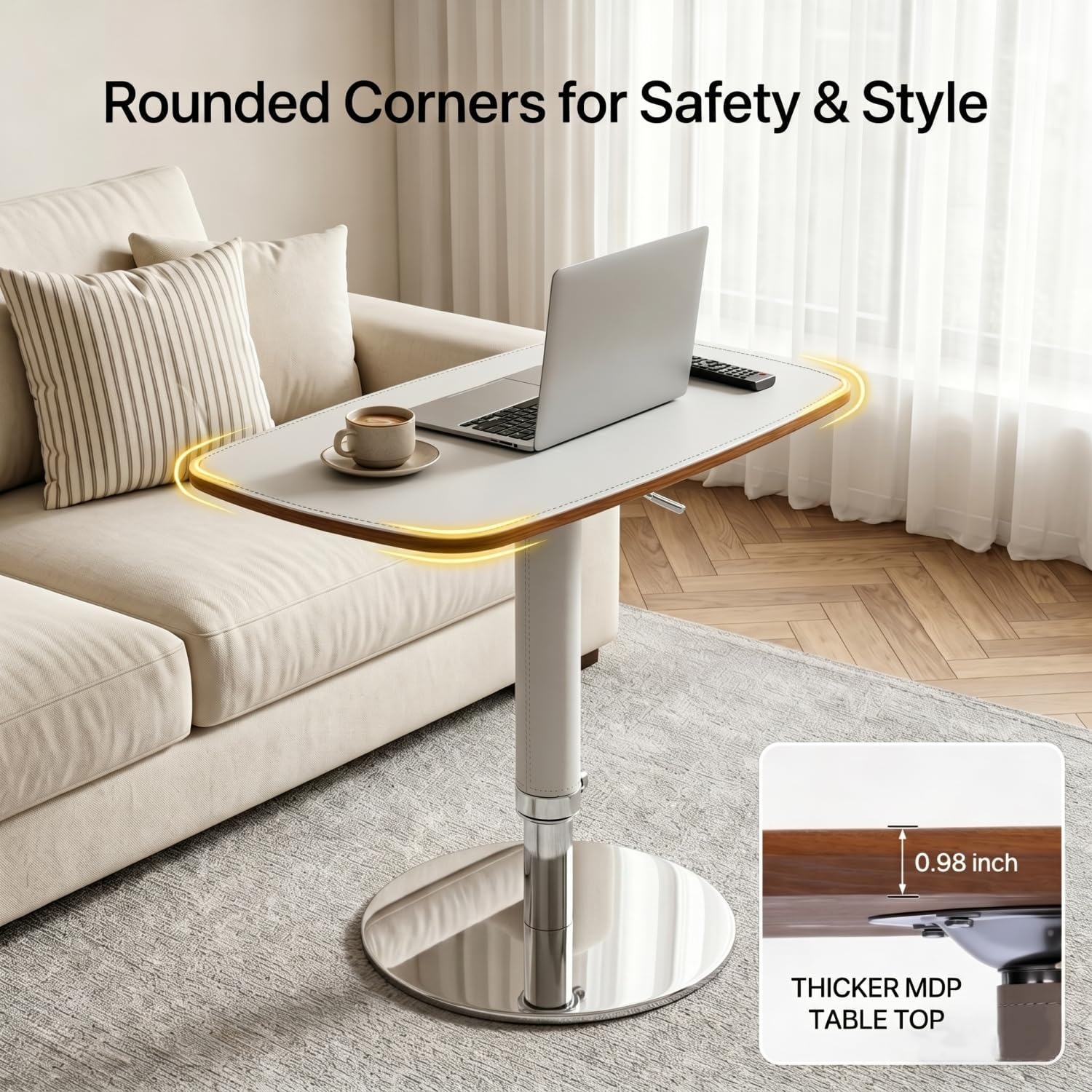 TV Trays for Eating on Couch, Adjustable Height 360° Swivel TV Tray with Saddle Faux Leather Top, Heavy Duty Snack Table for Sofa Bed Recliner, C Shaped Side Table for Laptop Dinner Small Spaces
