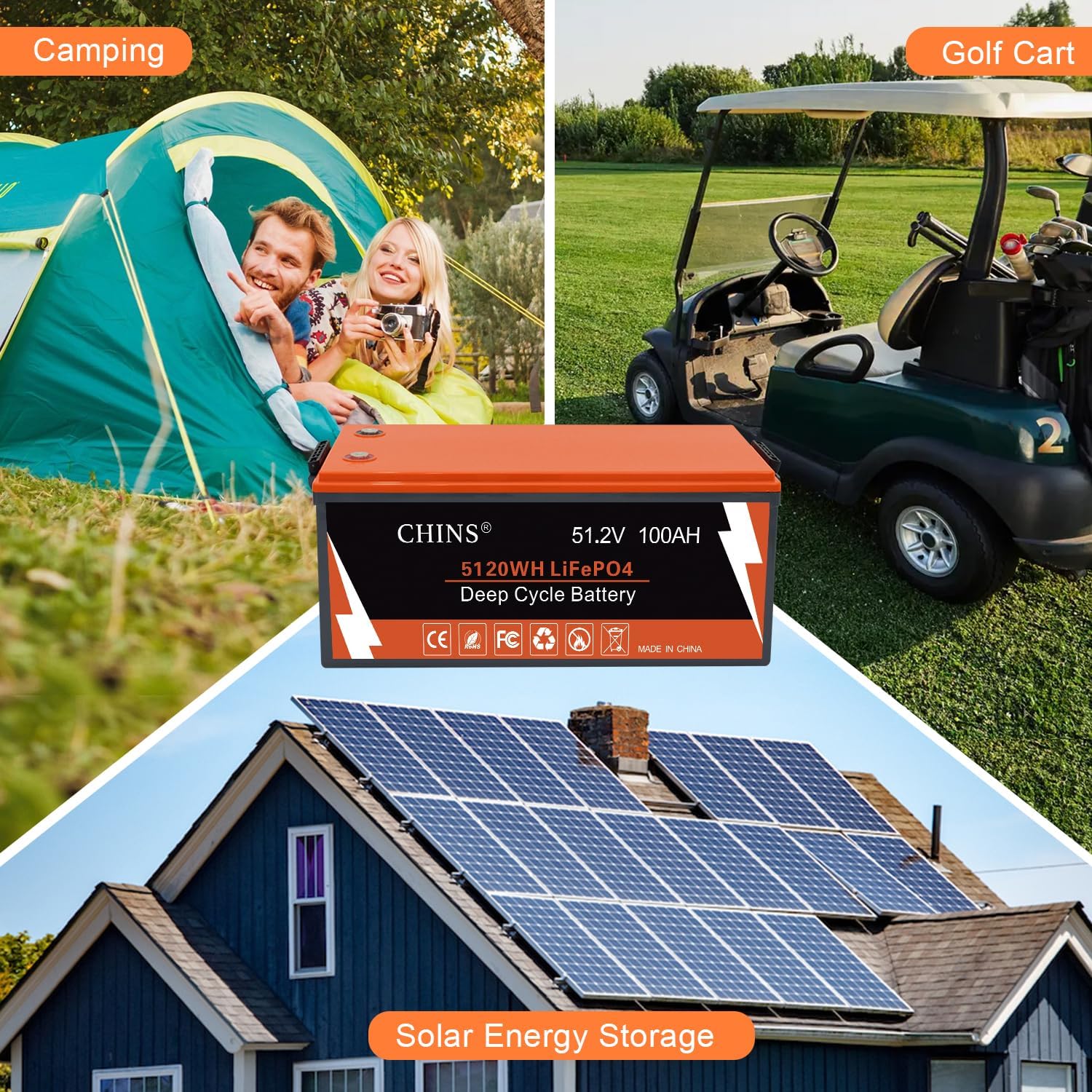 CHINS 48V 100Ah Lithium Golf Cart Battery, Includes Monitor, Built-in Bluetooth 200A BMS, 4000+ Cycles, 48V Lithium Battery Perfect for Golf Cart