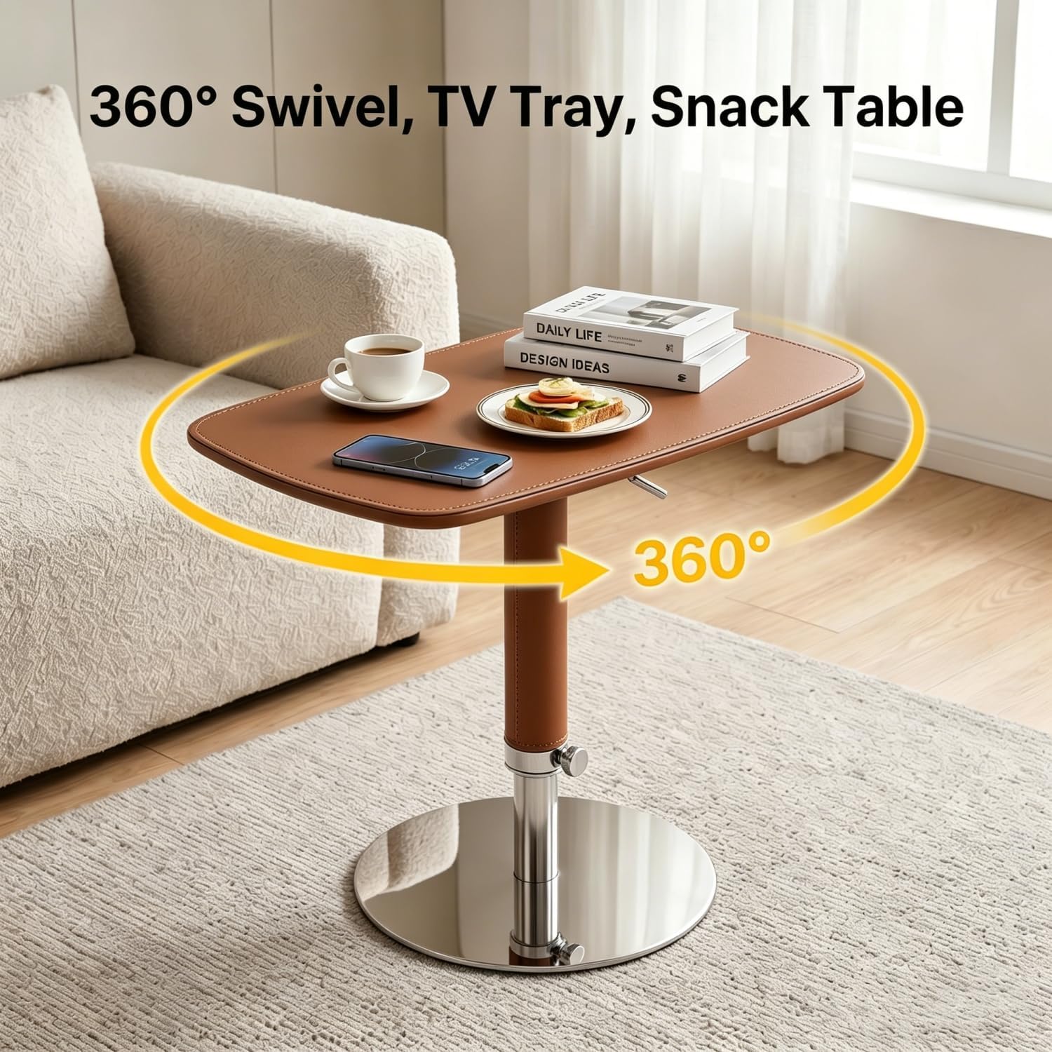 TV Trays for Eating on Couch, Adjustable Height 360° Swivel TV Tray with Saddle Faux Leather Top, Heavy Duty Snack Table for Sofa Bed Recliner, C Shaped Side Table for Laptop Dinner Small Spaces