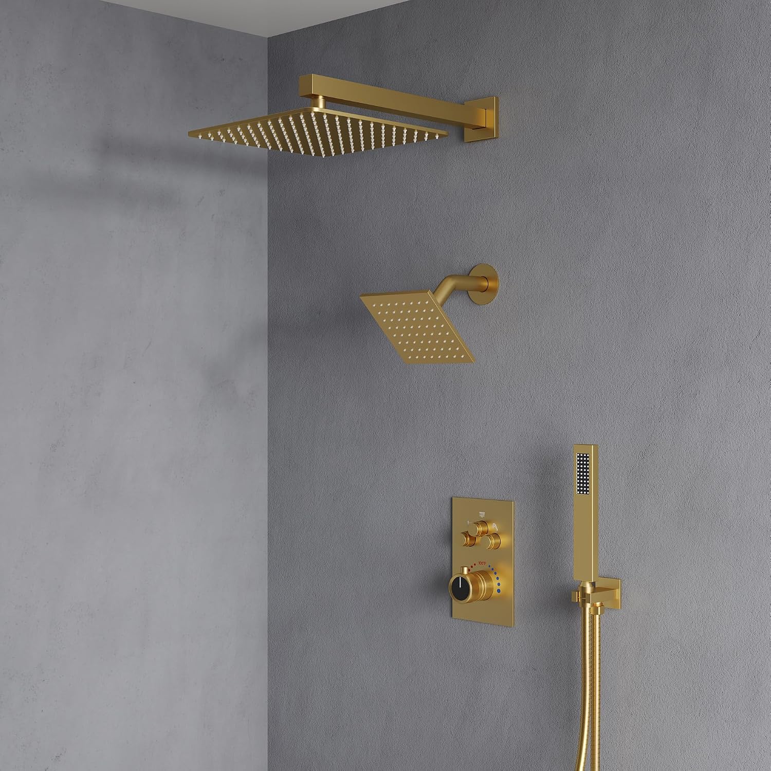 Wall Mount 12' High-Pressure Rainfall Shower Faucet, Dual Rainfall Shower Head System with Valve (Brushed Gold)