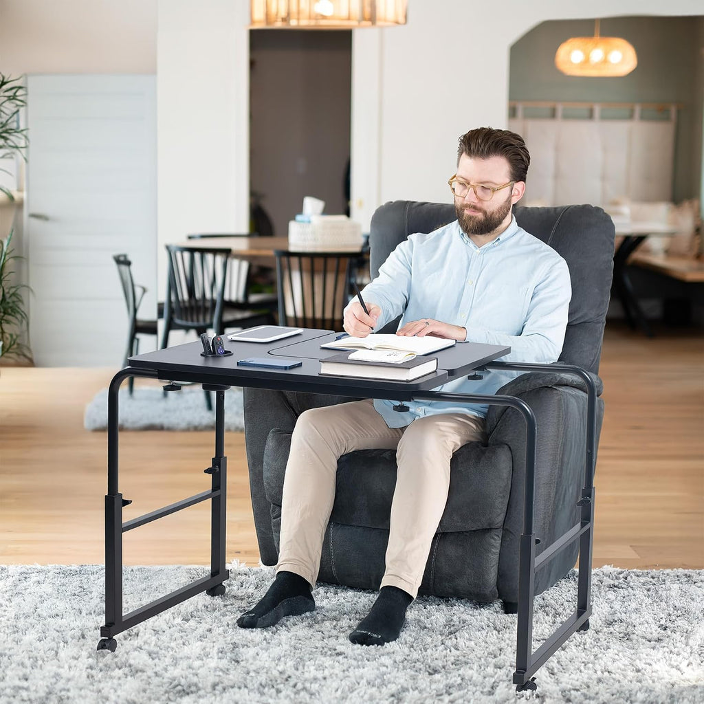 VIVO Mobile Over the Bed and Recliner Table, Tilting Laptop Tray with Height and Length Frame Adjustment, Ergonomic Overbed Kids and Adult Desk on Wheels, Black, DESK-V202B