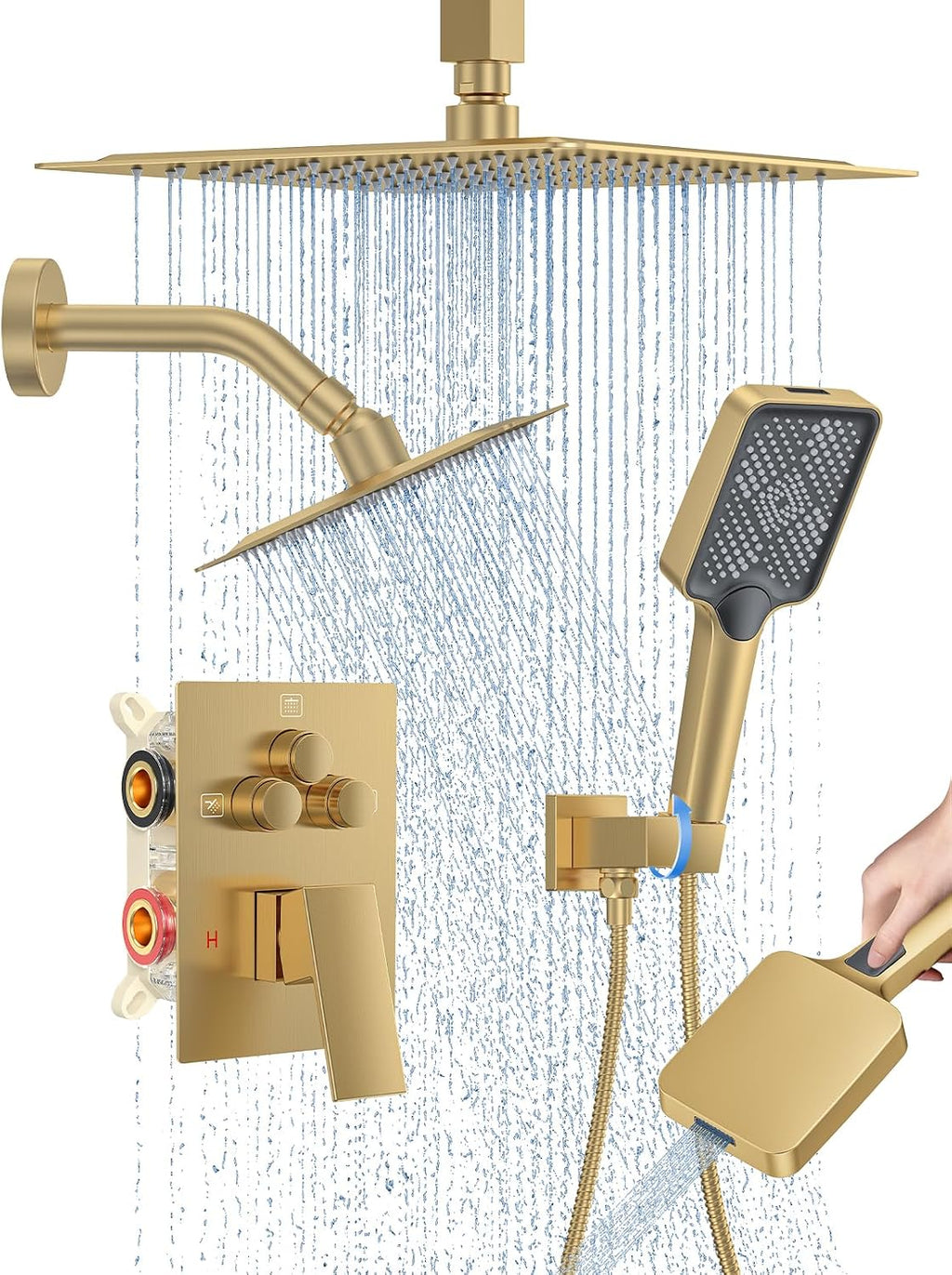 Woindo Shower Faucet Set, 10' Ceiling Mount Rainfall Shower System with 2 Rain Shower Head and Multi-function Handheld Head Push Button Diverter Shower Faucet Trim Kit