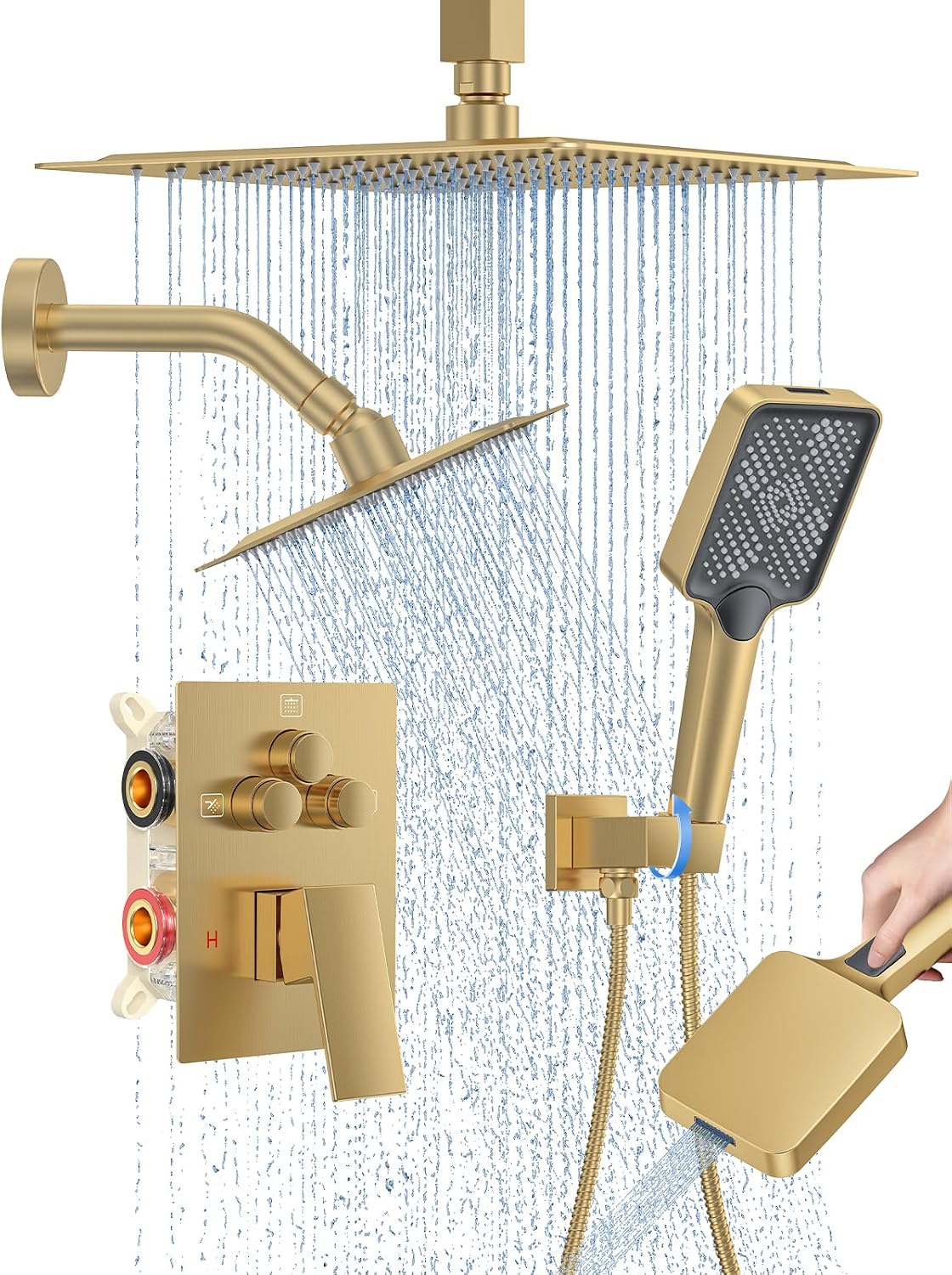 Woindo Shower Faucet Set, 10' Ceiling Mount Rainfall Shower System with 2 Rain Shower Head and Multi-function Handheld Head Push Button Diverter Shower Faucet Trim Kit