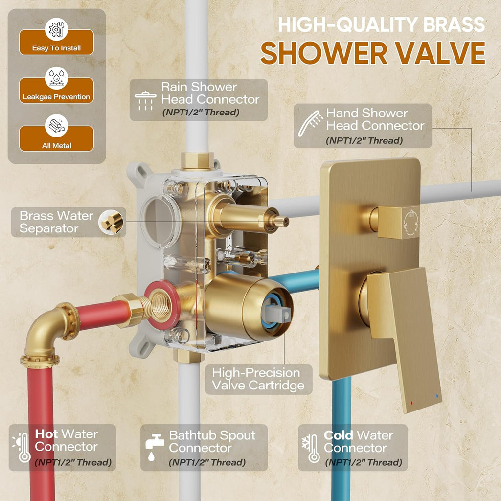 Gold Tub Shower System, All Metal Tub Shower Faucet Set with 12' Rain Shower Head and Handheld Spray combo, Wall Mounted Shower Systems with Tub Spout, Valve and Trim Kit, Brushed Gold