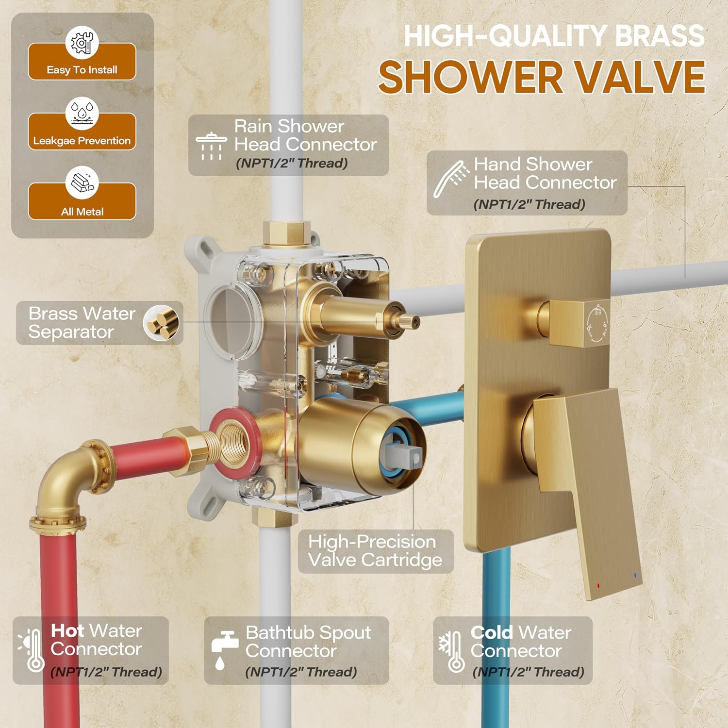 Gold Tub Shower System, All Metal Tub Shower Faucet Set with 12' Rain Shower Head and Handheld Spray combo, Wall Mounted Shower Systems with Tub Spout, Valve and Trim Kit, Brushed Gold