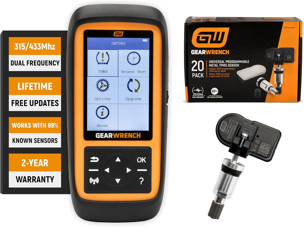 Bundle of GEARWRENCH Universal Tire Pressure Monitoring System Programming & Diagnostic Tool | GWTPMS + Universal Programmable Metal TPMS Sensor | 20 Pack | GWTPMSM20PK