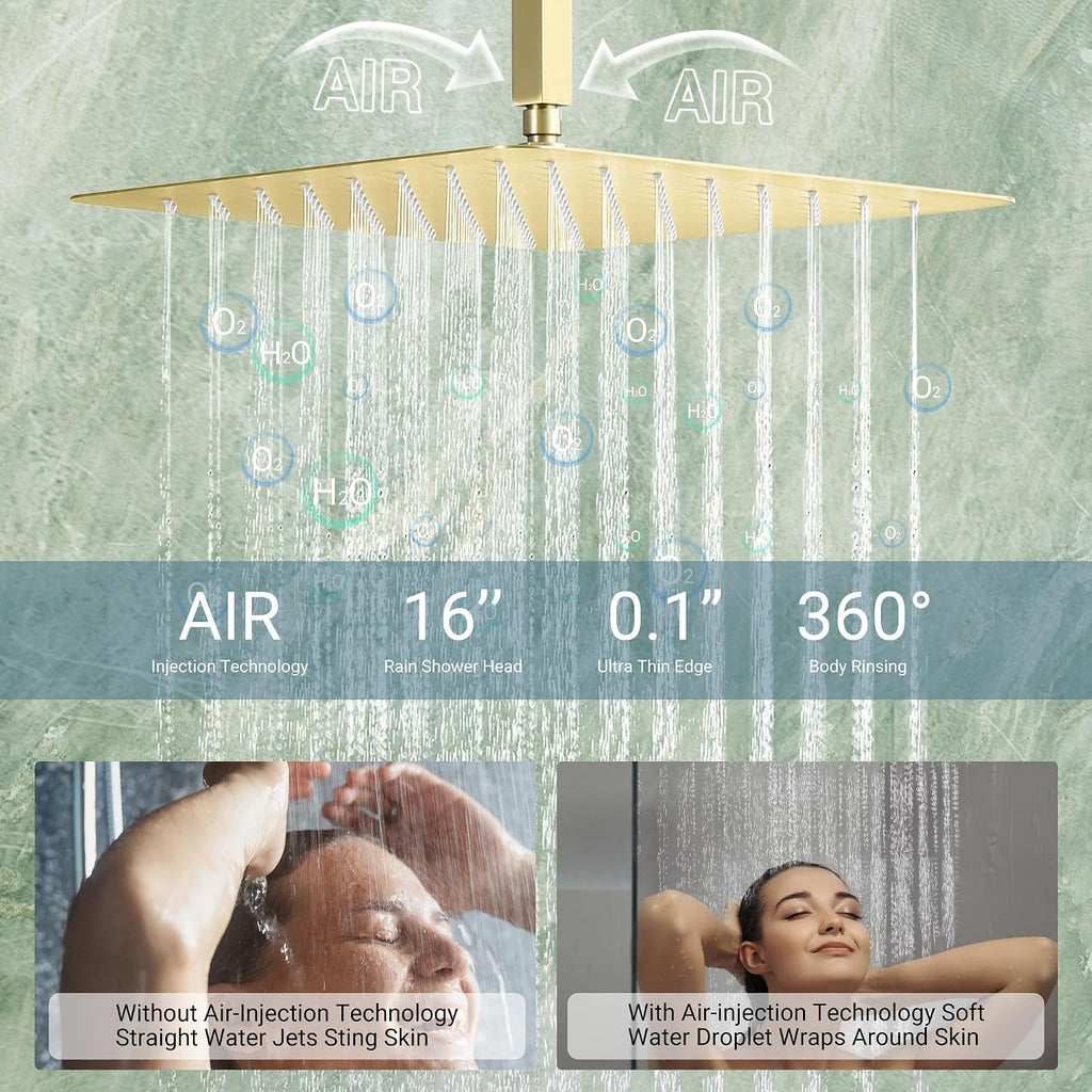 Dasan Thermostatic Dual Shower Head System with 6 Body Jets, 6-Inch Shower Head & 16' Rainfall Shower, Luxury Brushed Gold Shower Faucet Set Tandem Rain Shower Head System for Couples/ 2-Person