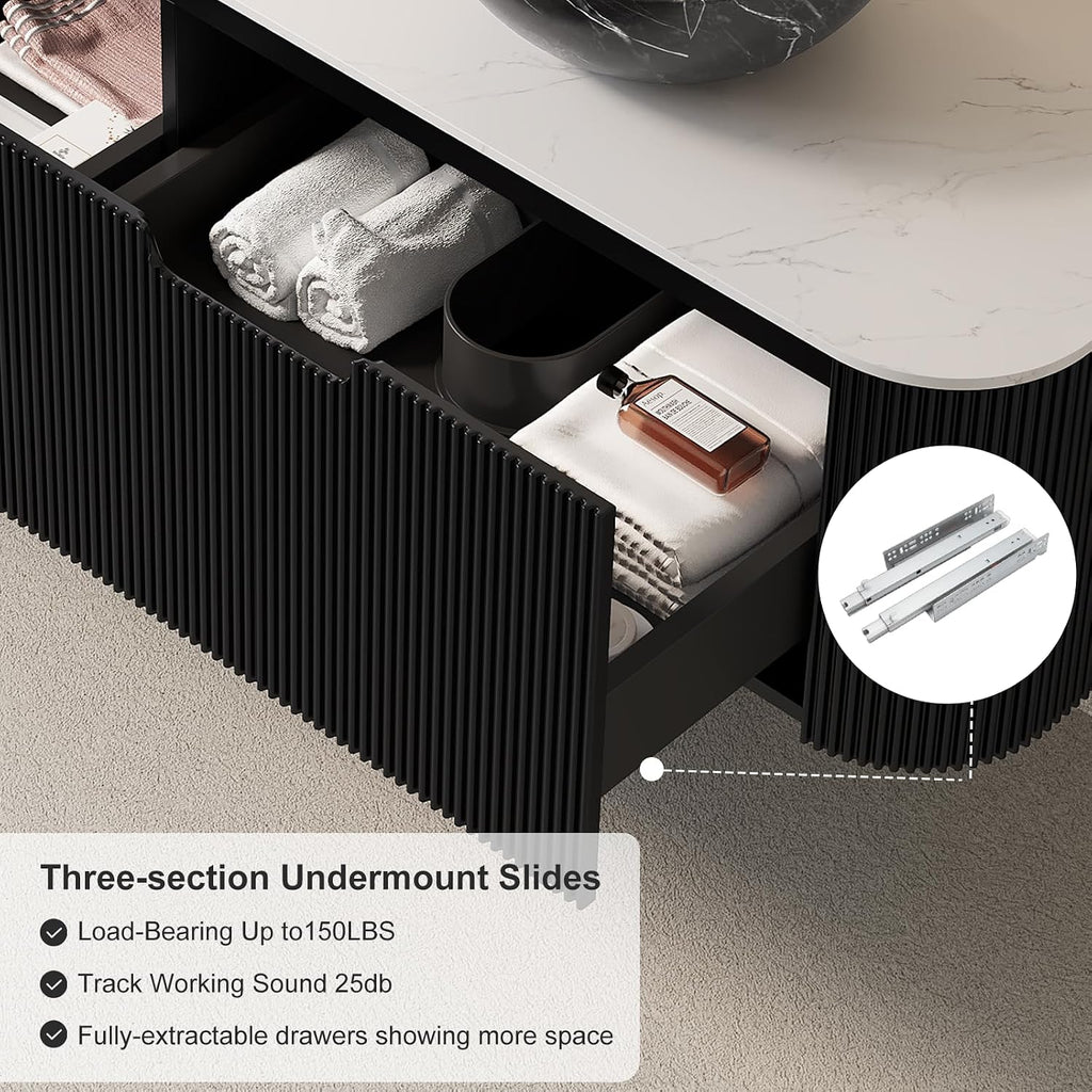 60' Floating Bathroom Vanity with Double Sink, Natural Solid Wood Modern Bathroom Vanities with Ultra-Thin Marble Sink and Countertop, Soft-Close Design, Pre-Assembled Cabinet, Black