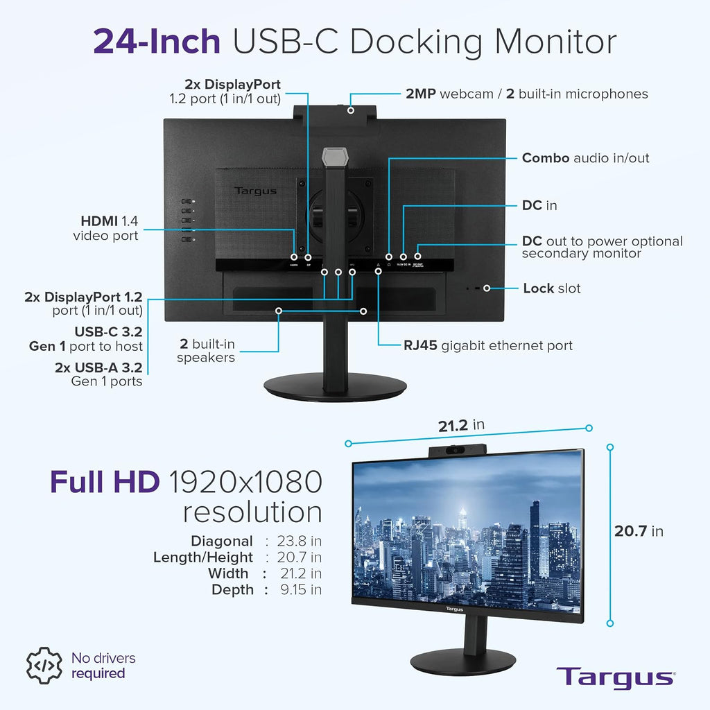 Targus 24-inch USB-C Docking Computer Monitor w/ 100W PD, Adjustable Height Mac PC Monitor 360 Degree Rotating 24 inch Monitor Gaming Monitor w/Dock, Dual Monitor Compatible w/DM4240SUSZ (DM4240PUSZ)