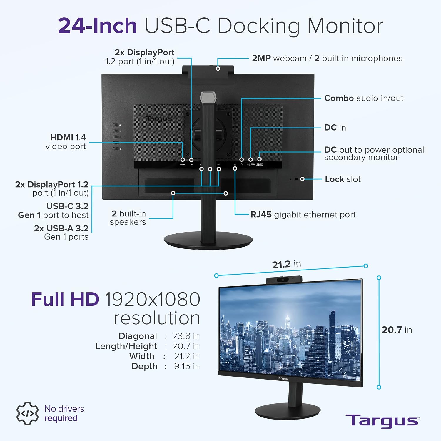 Targus 24-inch USB-C Docking Computer Monitor w/ 100W PD, Adjustable Height Mac PC Monitor 360 Degree Rotating 24 inch Monitor Gaming Monitor w/Dock, Dual Monitor Compatible w/DM4240SUSZ (DM4240PUSZ)