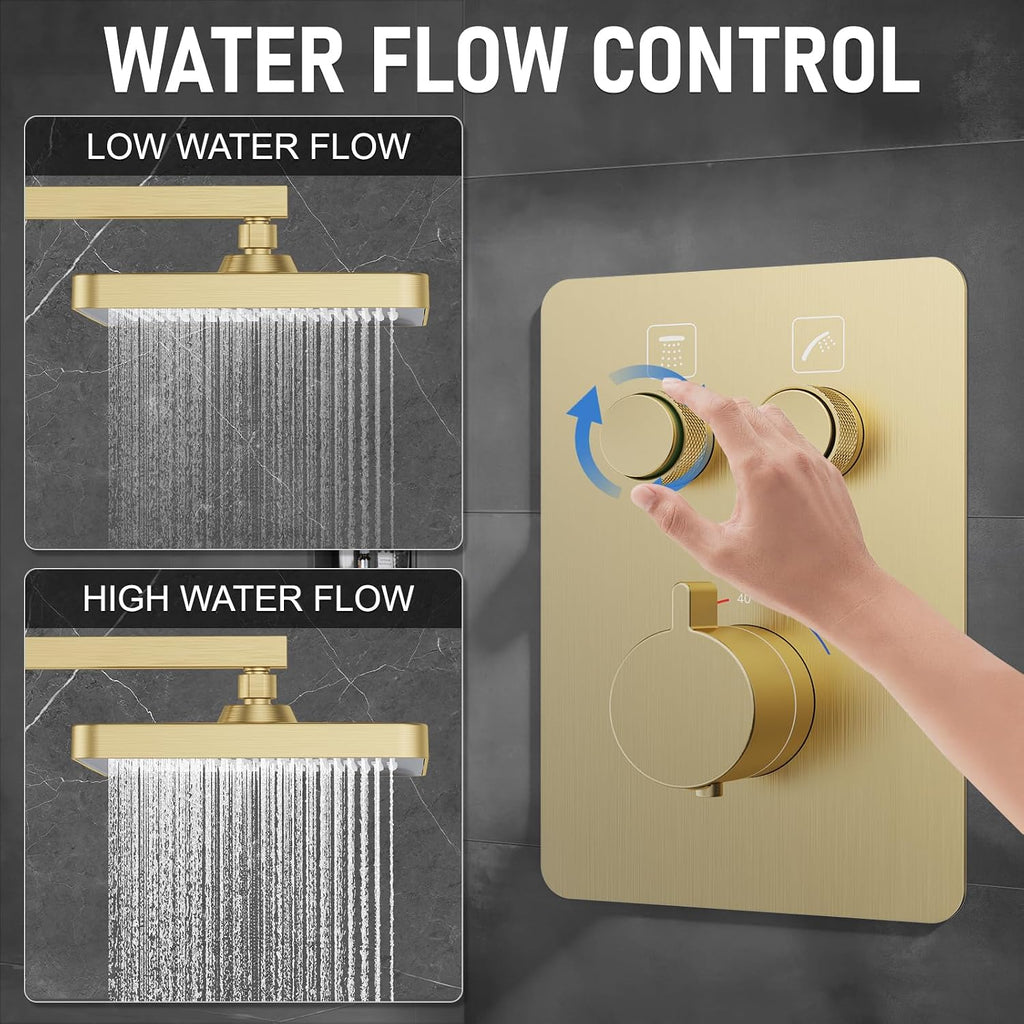 Thermostatic Shower System 13-Inch Rainfall Shower Head - 3 Setting Handheld Sprayer, Complete Bathroom Set with Faucet Mixer Trim Kit & Valve Brushed Gold