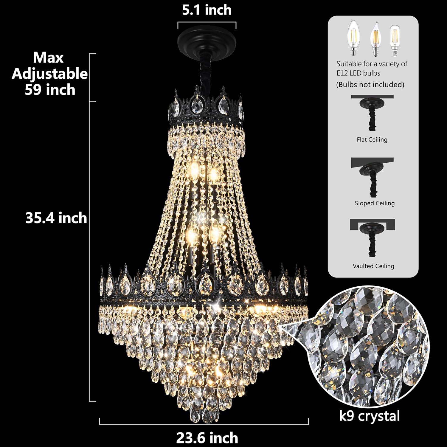 KoKo&Yukina Black 23.6' French Empire Crystal Chandelier - 14 Lights K9 Modern Farmhouse Adjustable Hanging Light for Living Room, Dining Room, Bedroom