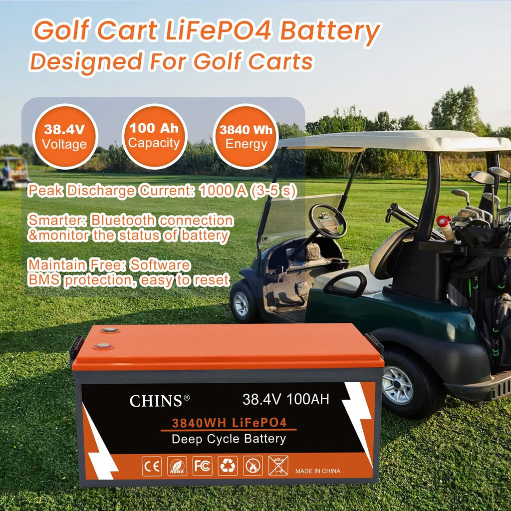 CHINS 36 Volt 100AH Lithium Battery for Golf Cart with 36V 25A Charger, Monitor, Built-in Bluetooth 200A BMS, 36V Golf Cart Battery with 7.68kW Output