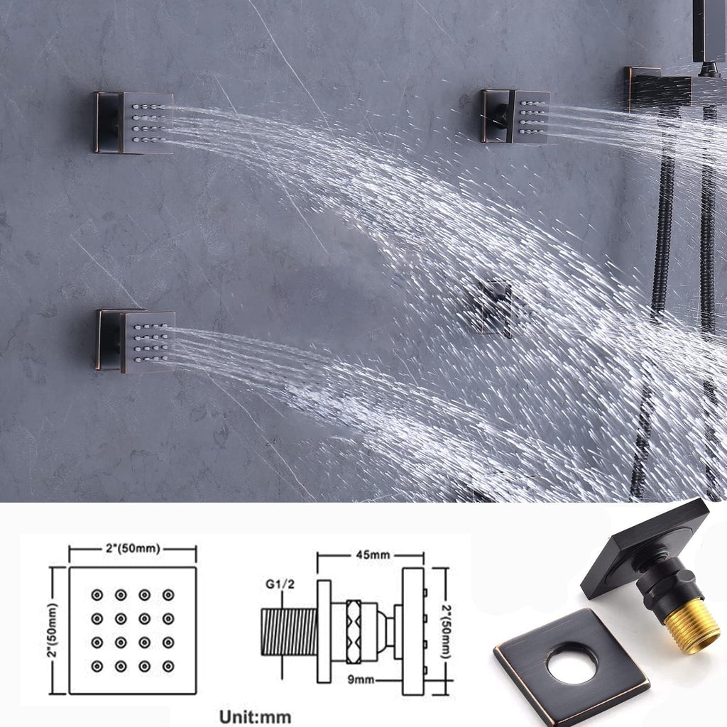 Oil Rubbed Bronze Digital Temperature Display Shower Faucets Sets 12 inch Ceiling Thermostatic Full Body Shower System with 4PCS Body Jet Push Button 3 Function Integrated Diverter Valve