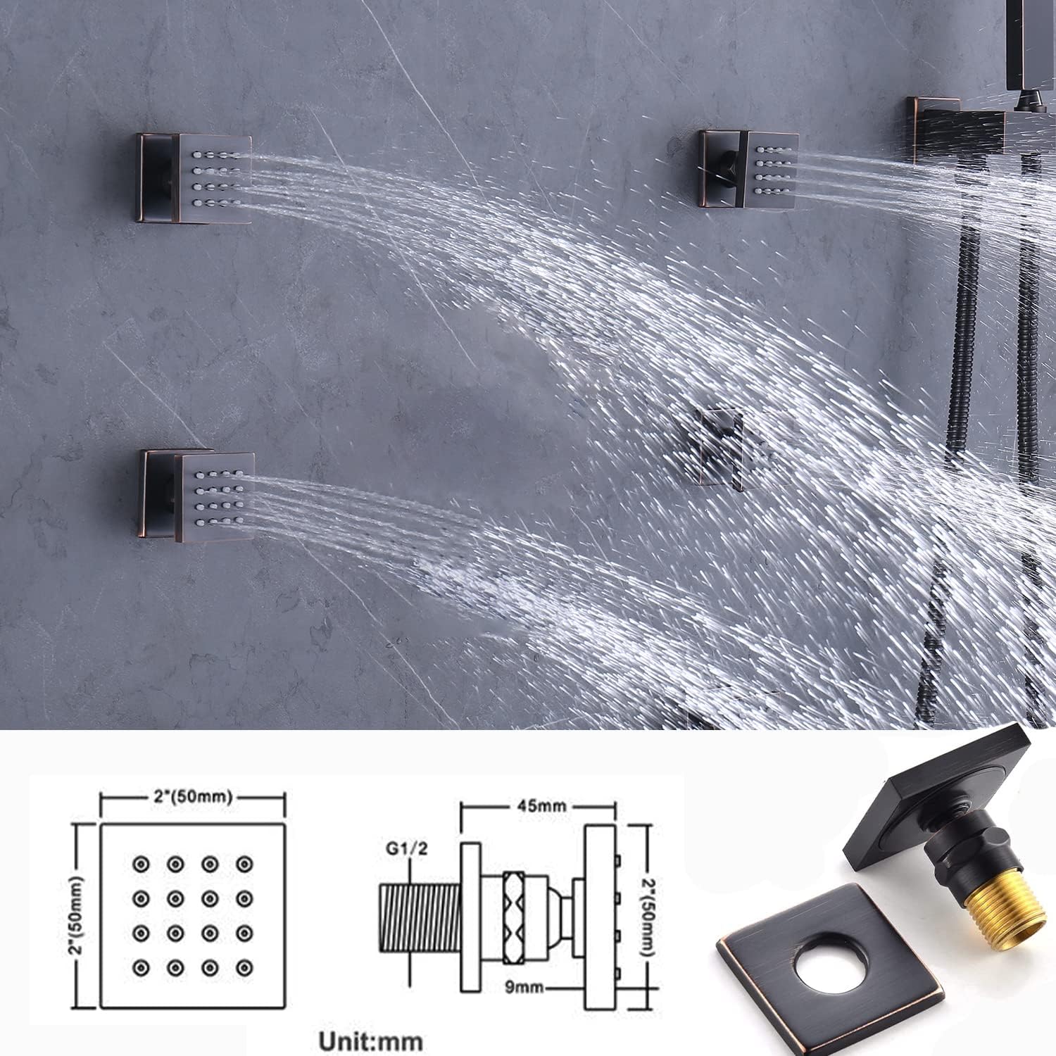 Oil Rubbed Bronze Digital Temperature Display Shower Faucets Sets 12 inch Ceiling Thermostatic Full Body Shower System with 4PCS Body Jet Push Button 3 Function Integrated Diverter Valve