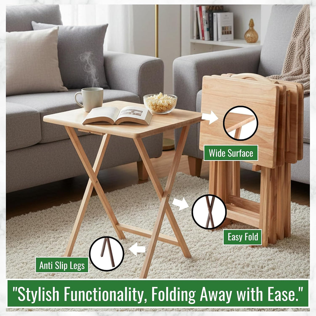 5-Piece Wooden Alex Snack Table Set Folding TV Tray Portable Laptop Stand Compact Gaming Desk Space Saving Sturdy Lightweight & Multipurpose for Living Room Bedroom Office Natural Finish
