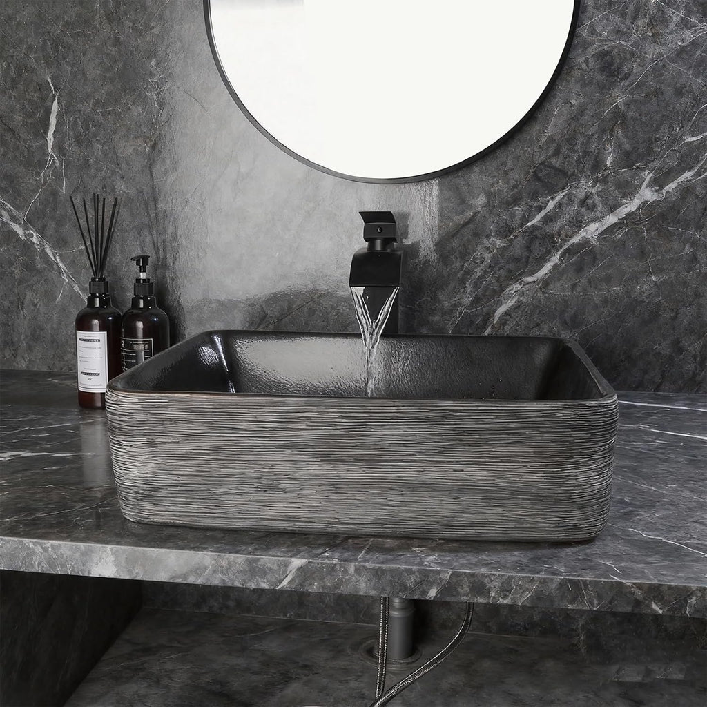 Black Vessel Sink Rectangle 18'x14' Bathroom Sink Above Counter Porcelain Ceramic Small Sink Bowl Ceramic Vessel Sinks with Waterfall Faucet and Pop-up Drain for Bathrooms
