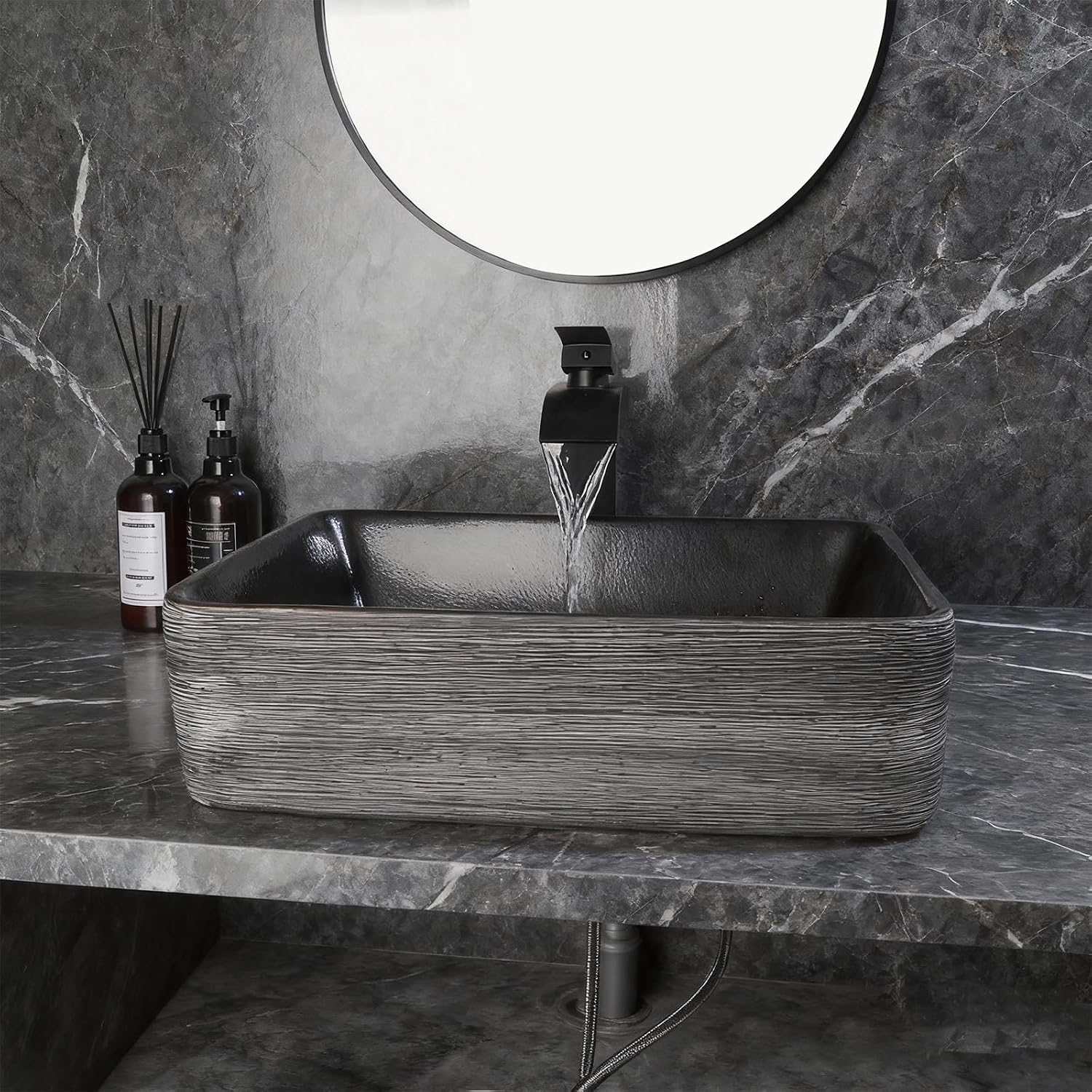 Black Vessel Sink Rectangle 18'x14' Bathroom Sink Above Counter Porcelain Ceramic Small Sink Bowl Ceramic Vessel Sinks with Waterfall Faucet and Pop-up Drain for Bathrooms