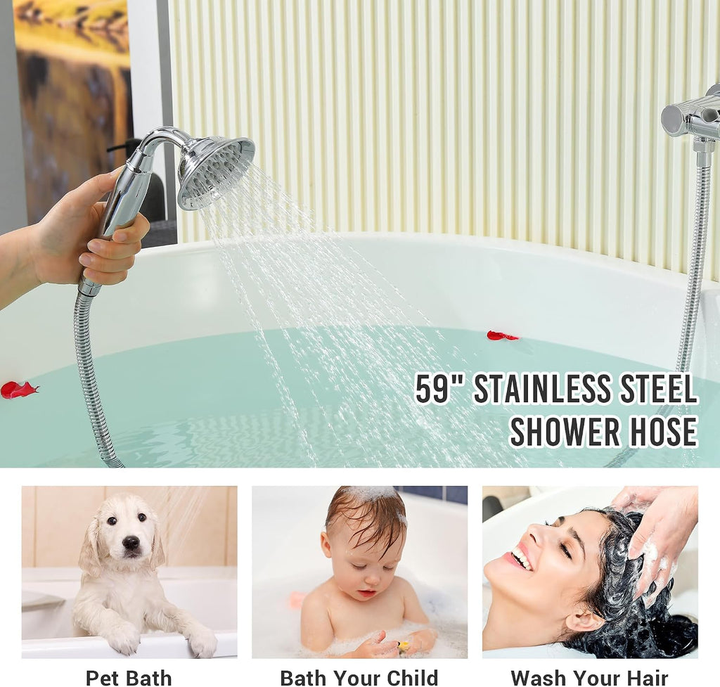 DASAN Antique Wall Mount Tub Filler Faucet with Hand Held Shower, Chrome Bathtub Faucet with Sprayer Wall Mounted Roman Bath Tub Faucet Set with High Flow Rough in Valve, AT201TF-CH