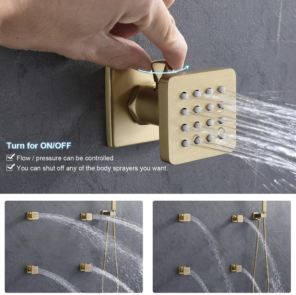 ENGA Dual Rain LED Shower System, 14'x20' Large Shower Head + 6' Wall Shower, 4 Body Jets with Individual On/Off & Adjustable Water Pressure, Rainfall Shower Faucet Set, Brushed Gold