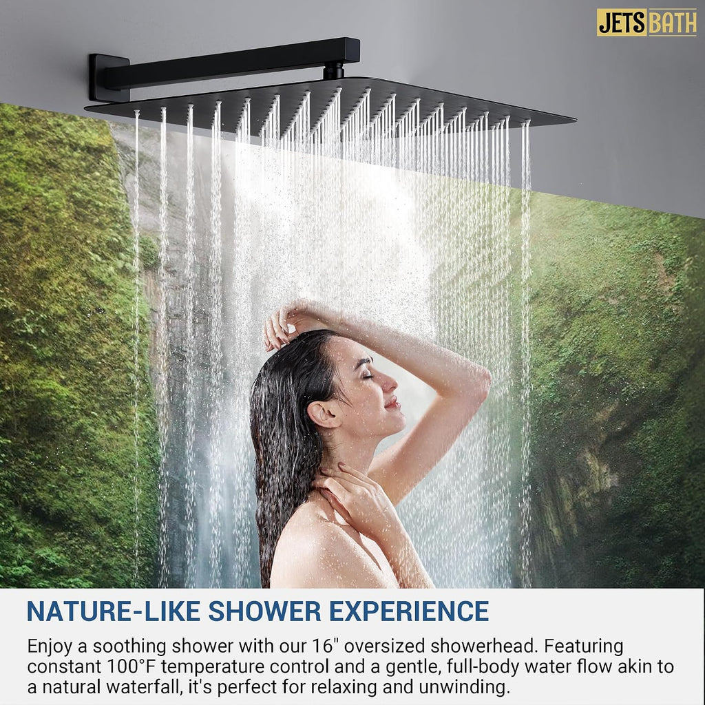 16' Thermostatic Rain Shower System with 6 Body Jets & 16-Inch Rainfall Shower Head, JetsBath Full Body Shower Faucet Sets with Valve & Handheld, Matte Black Luxury Wall Mount Shower Faucet Set